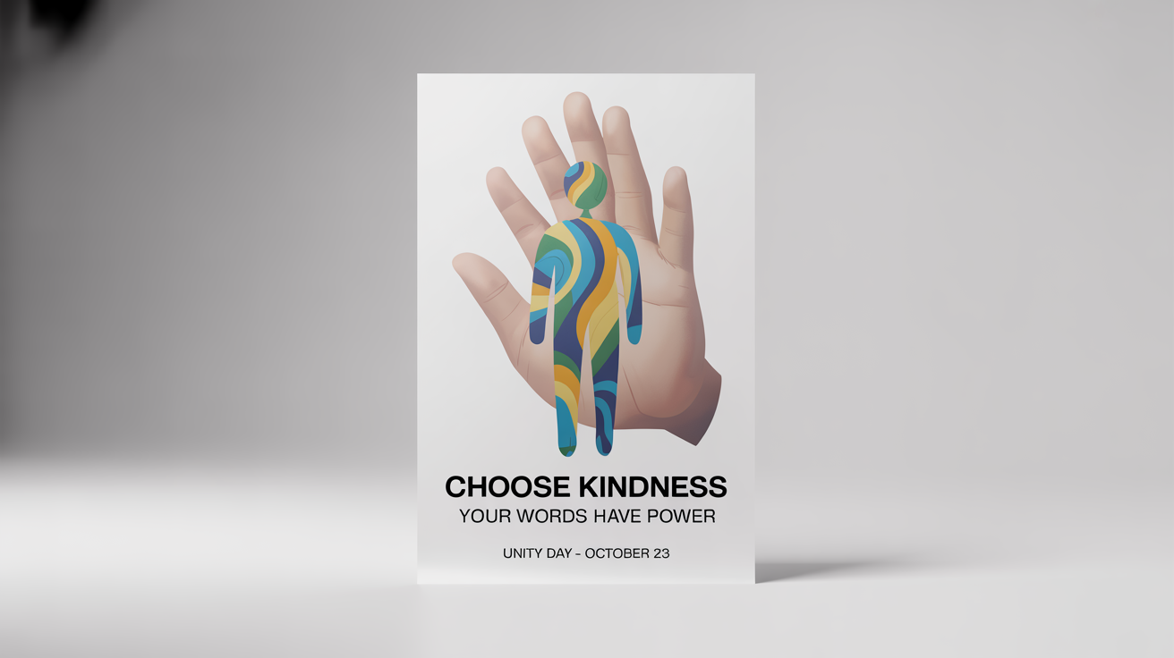 A modern anti-bullying poster mockup with a colorful graphic of a figure being protected. It features the text 'CHOOSE KINDNESS' and 'YOUR WORDS HAVE POWER'.