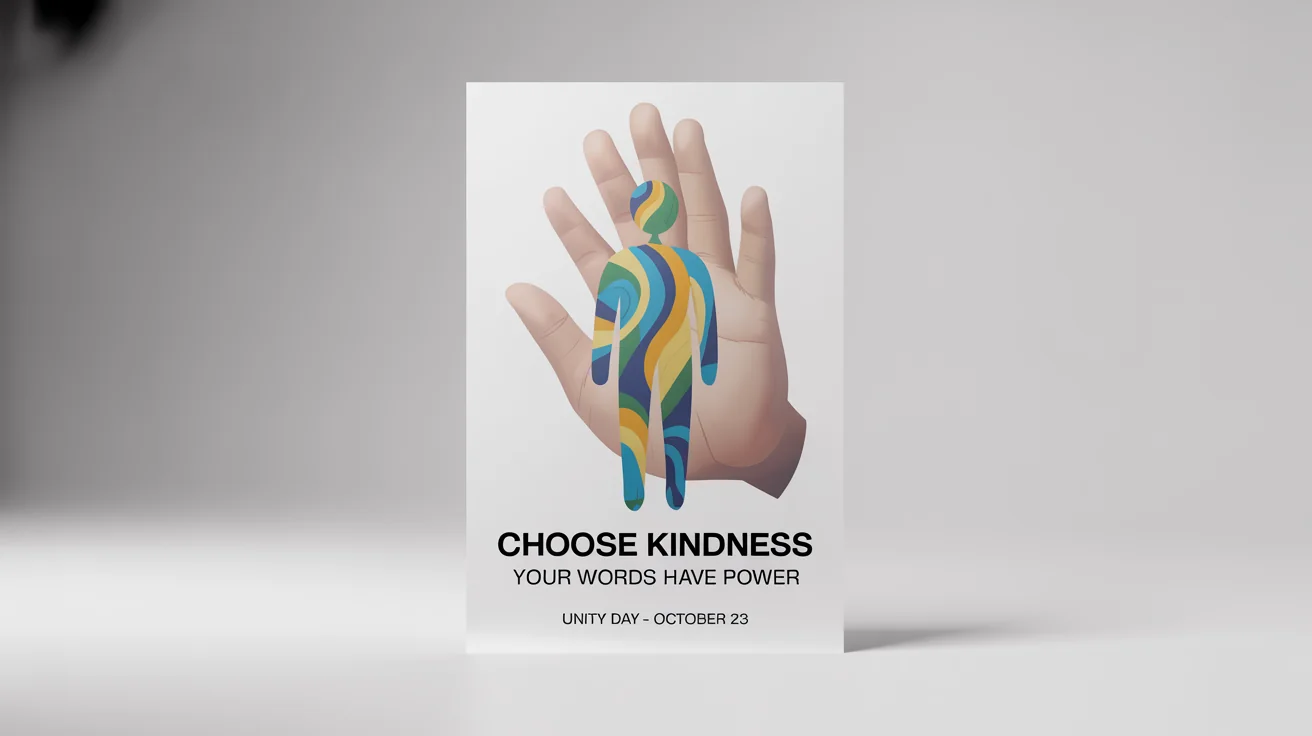 A modern anti-bullying poster mockup with a colorful graphic of a figure being protected. It features the text 'CHOOSE KINDNESS' and 'YOUR WORDS HAVE POWER'.