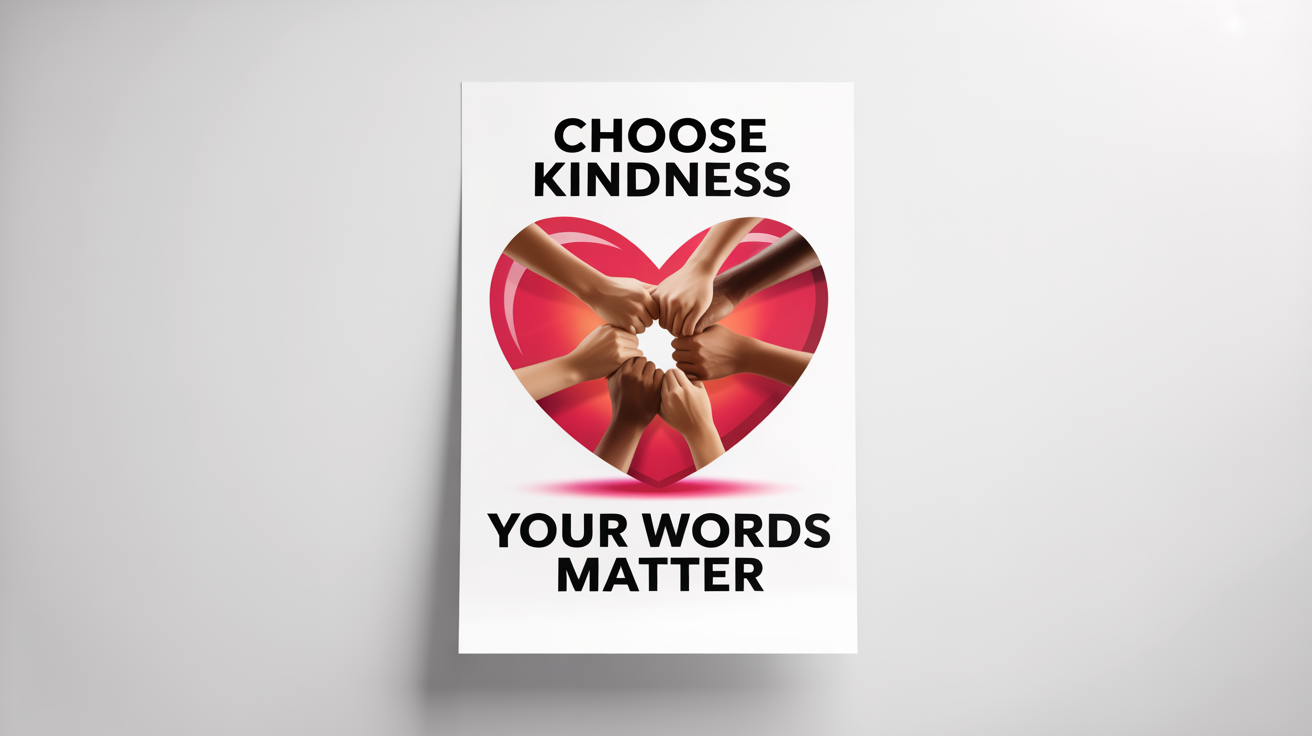 A mockup of a vertical anti-bullying poster against a white background. The poster features a large red heart with diverse hands holding each other inside, with the text 'CHOOSE KINDNESS' and 'Your Words Matter'.