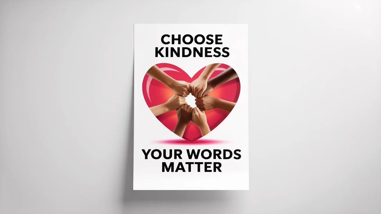 A mockup of a vertical anti-bullying poster against a white background. The poster features a large red heart with diverse hands holding each other inside, with the text 'CHOOSE KINDNESS' and 'Your Words Matter'.