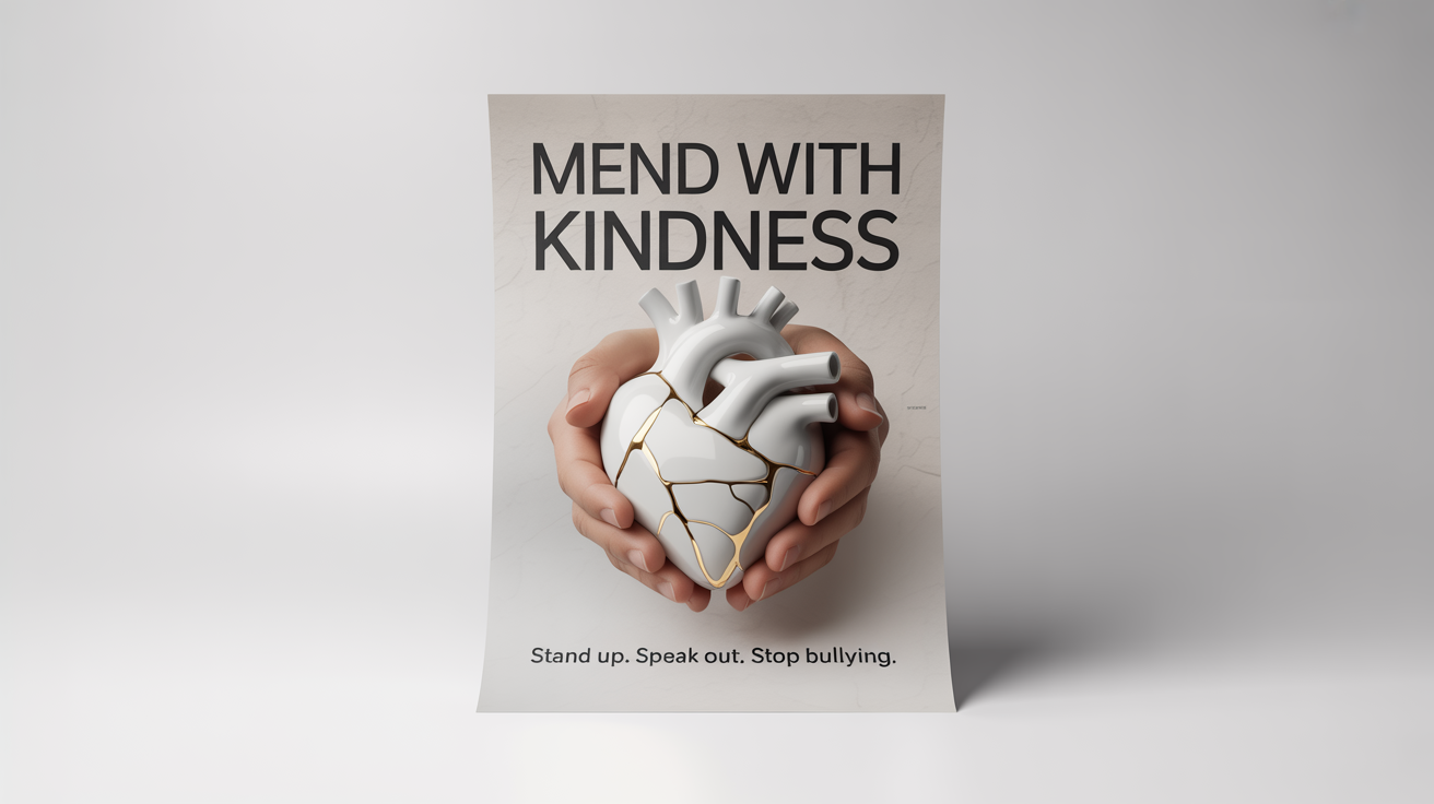 A mockup of an anti-bullying poster showing a cracked heart being mended with gold, symbolizing healing. The text reads 'Mend with Kindness' and 'Stand Up. Speak Out. Stop Bullying.'