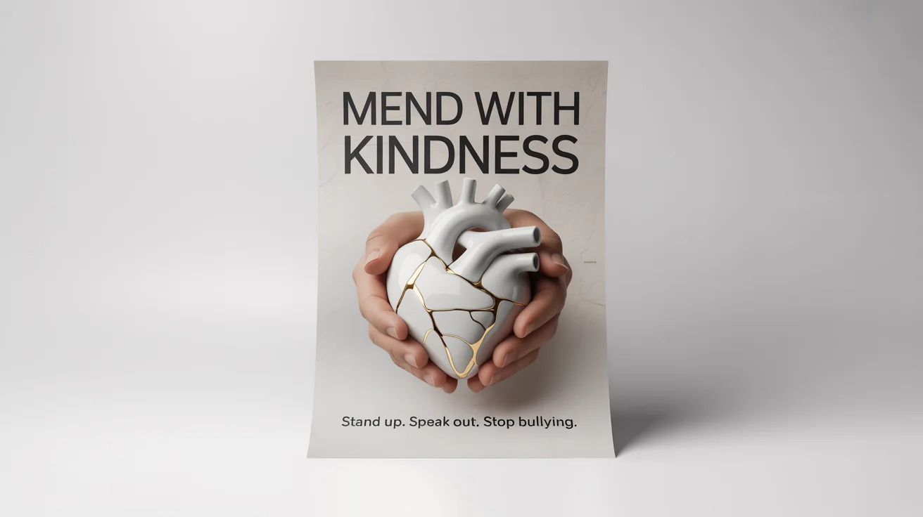 A mockup of an anti-bullying poster showing a cracked heart being mended with gold, symbolizing healing. The text reads 'Mend with Kindness' and 'Stand Up. Speak Out. Stop Bullying.'