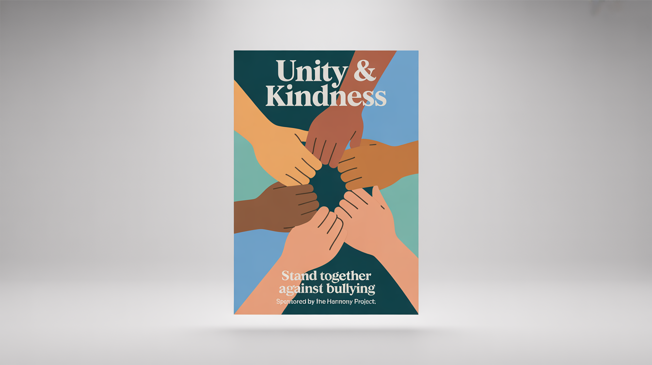 An anti-bullying poster mockup with the headline 'UNITY & KINDNESS', featuring a central graphic of diverse hands holding each other in a circle to symbolize support.