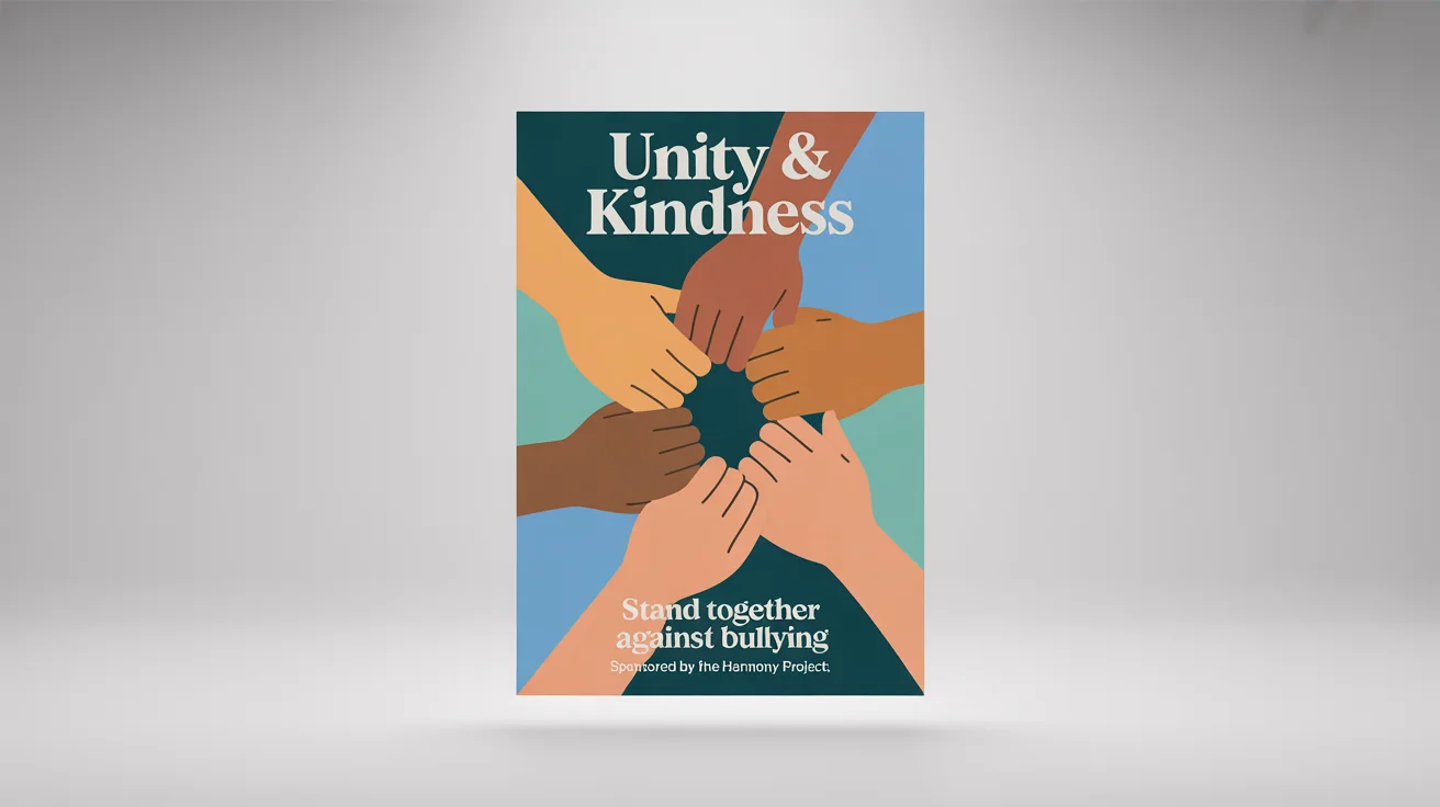 An anti-bullying poster mockup with the headline 'UNITY & KINDNESS', featuring a central graphic of diverse hands holding each other in a circle to symbolize support.