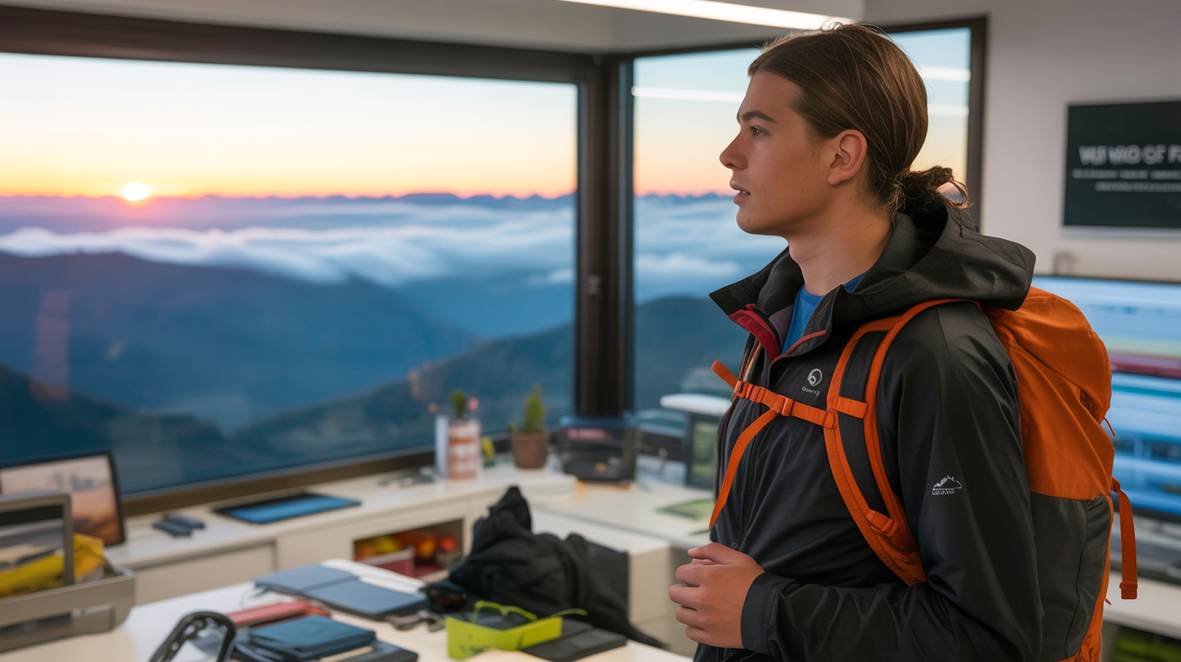 A comparison image showing the same video frame of a hiker at sunrise resized into three different aspect ratios: vertical (9:16), square (1:1), and widescreen (16:9).