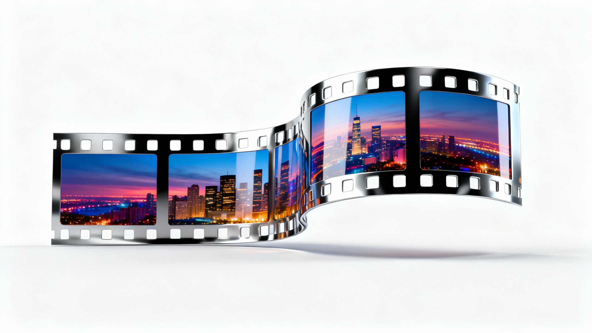 A twisting filmstrip transitions from a horizontal to a vertical format against a white background, visually representing a change in video aspect ratio.