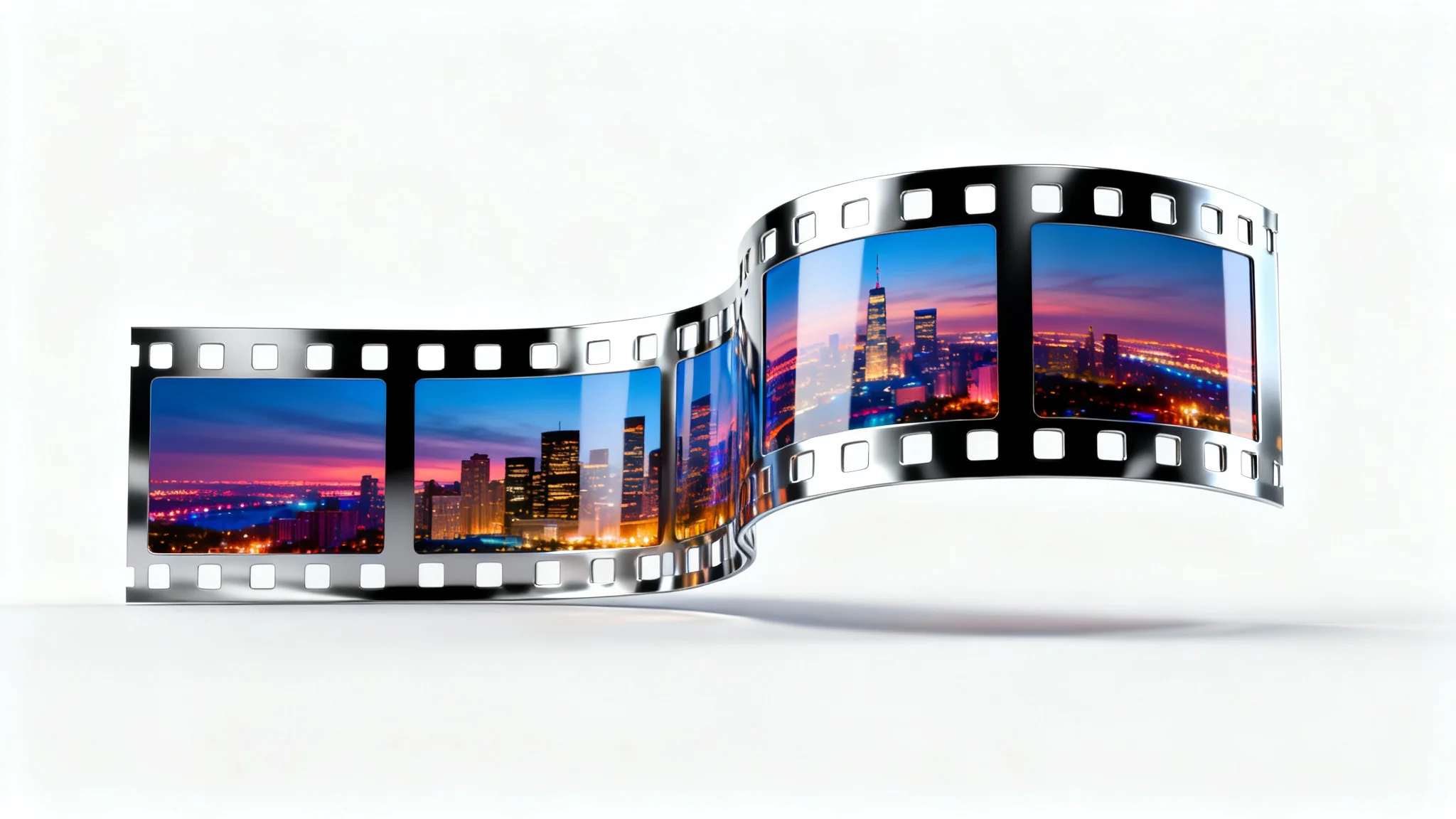 A twisting filmstrip transitions from a horizontal to a vertical format against a white background, visually representing a change in video aspect ratio.