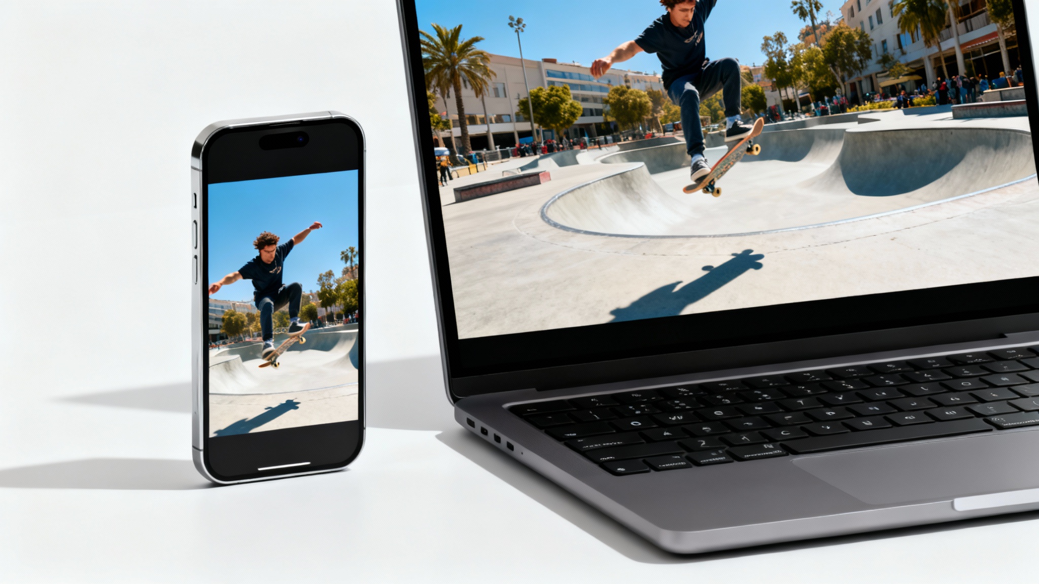 A smartphone and a laptop on a white background, showing the same video of a skateboarder formatted for different screen sizes: vertical on the phone and widescreen on the laptop.