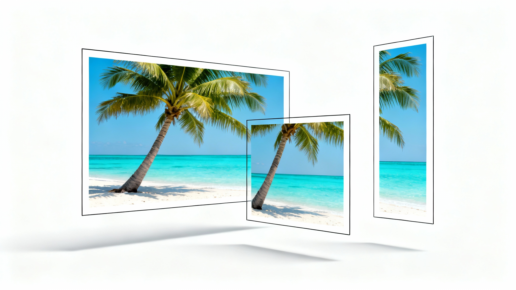 A conceptual illustration of changing video aspect ratios, showing a single beach scene cropped into three different formats, widescreen, square, and vertical, against a plain white background.