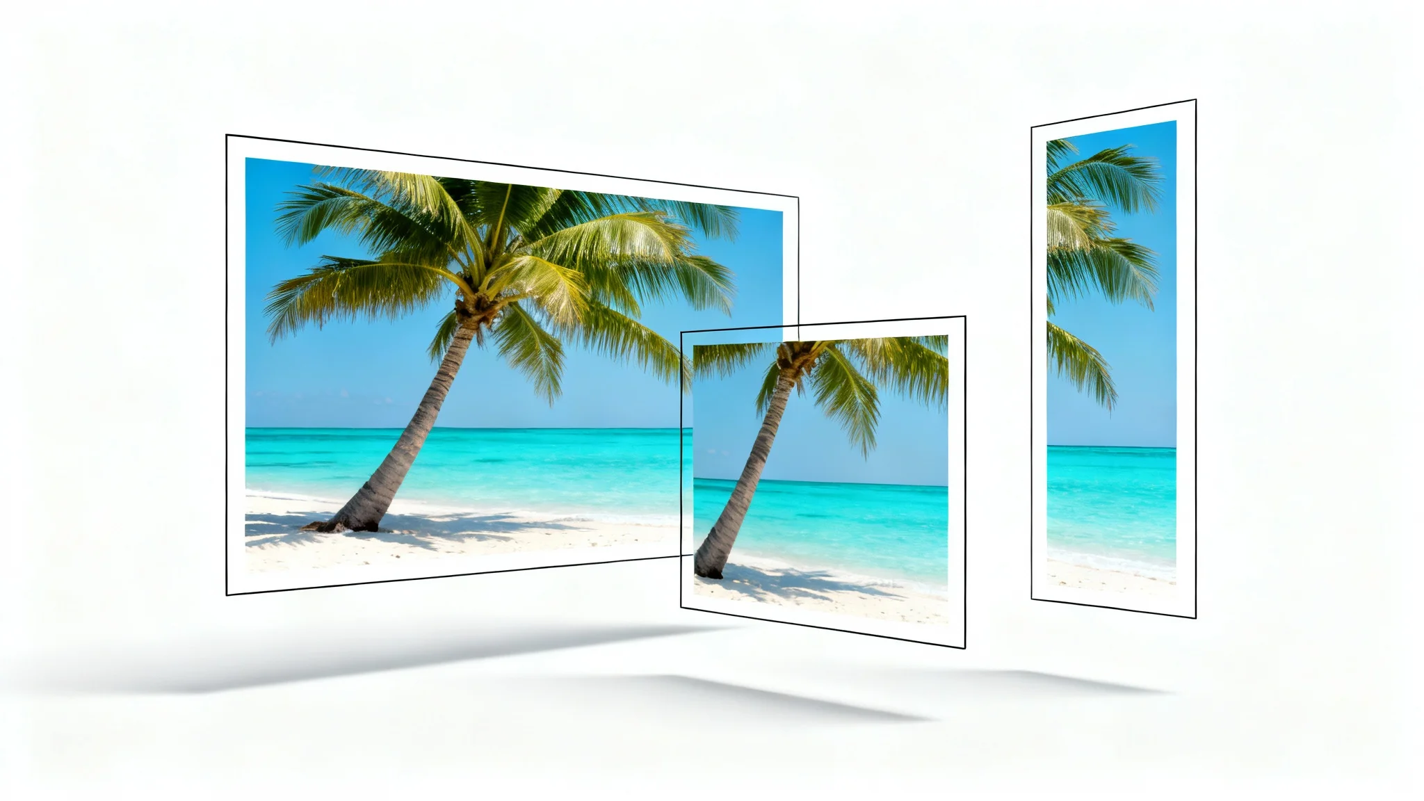 A conceptual illustration of changing video aspect ratios, showing a single beach scene cropped into three different formats, widescreen, square, and vertical, against a plain white background.