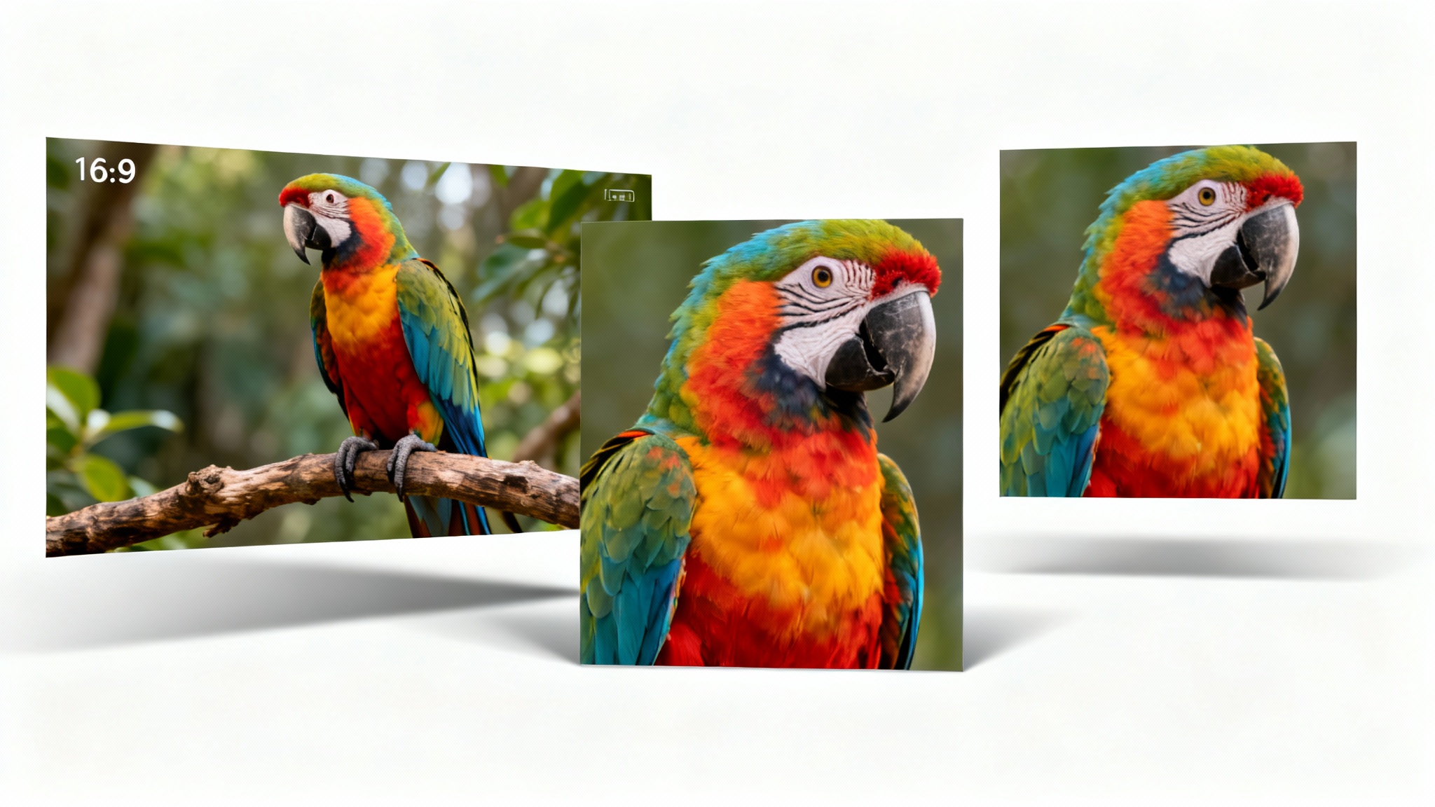 A conceptual image showing a single video frame of a parrot displayed in three different aspect ratios, widescreen, vertical, and square, to represent video resizing.