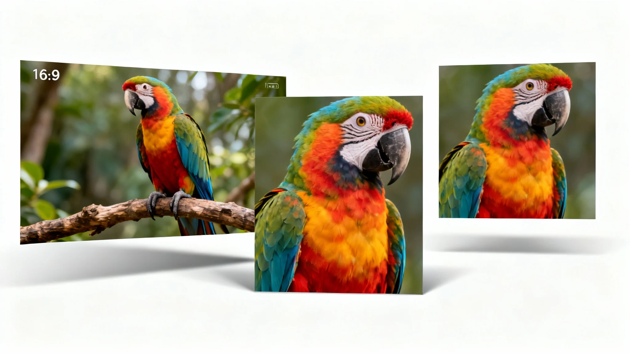 A conceptual image showing a single video frame of a parrot displayed in three different aspect ratios, widescreen, vertical, and square, to represent video resizing.