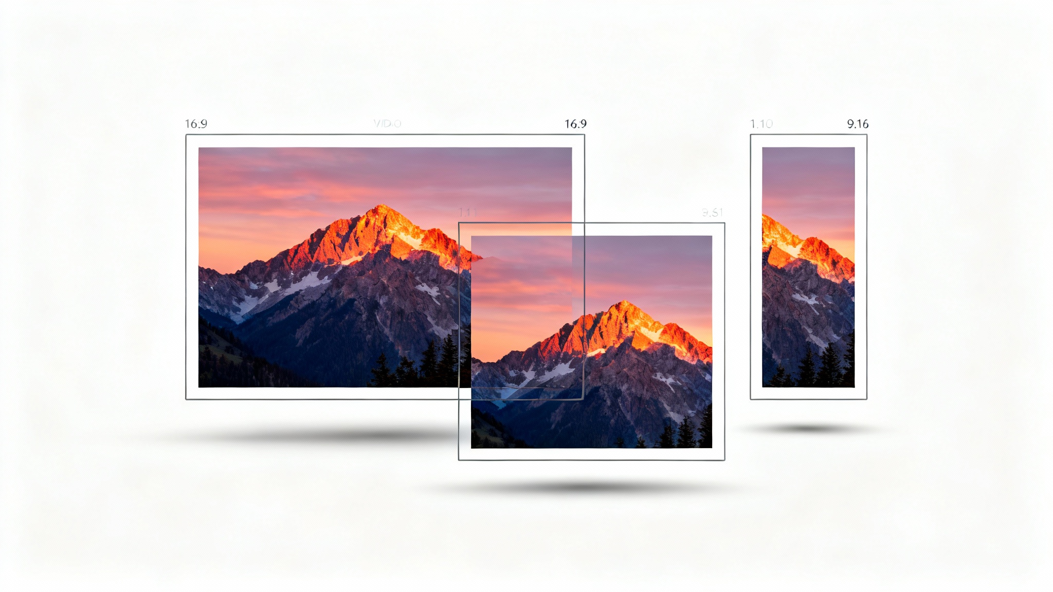 A visual representation of changing a video's aspect ratio, showing a single mountain landscape scene displayed in three different frame sizes: wide horizontal, square, and tall vertical, all on a white background.