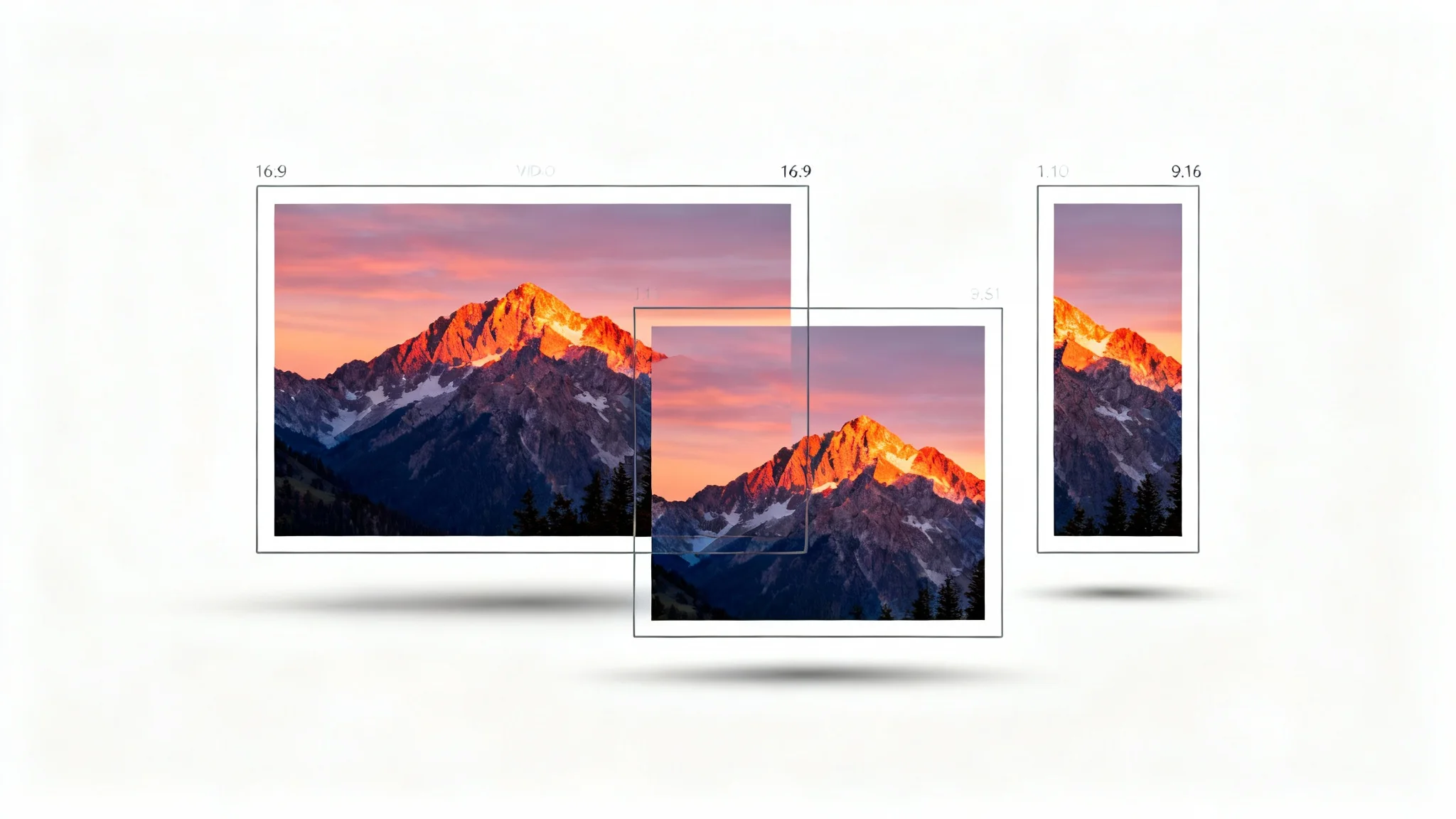 A visual representation of changing a video's aspect ratio, showing a single mountain landscape scene displayed in three different frame sizes: wide horizontal, square, and tall vertical, all on a white background.