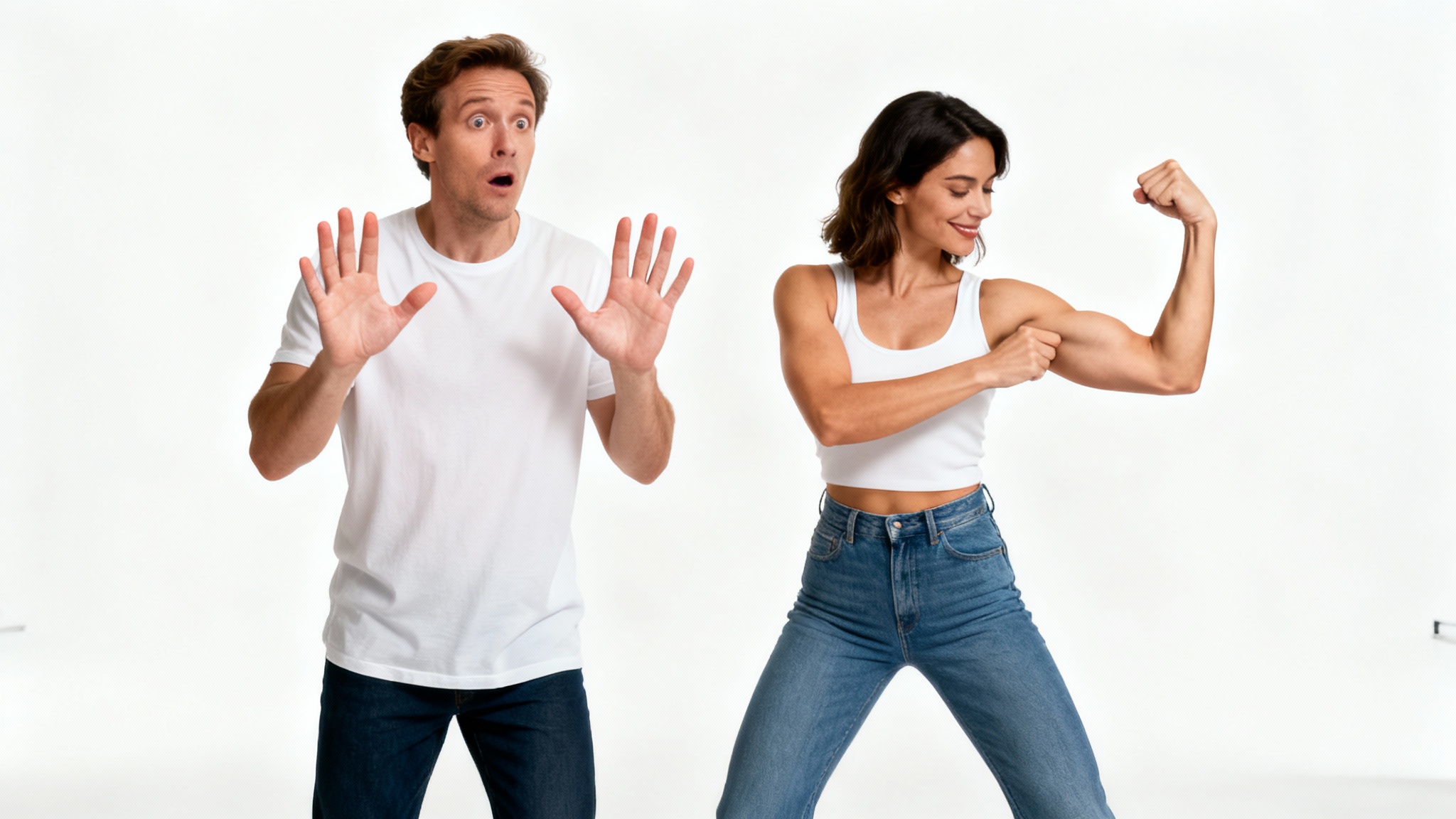 A man and a woman standing against a white background, comically acting as if they have swapped bodies. The man looks shocked at his own hands, while the woman smirks and flexes her arm.