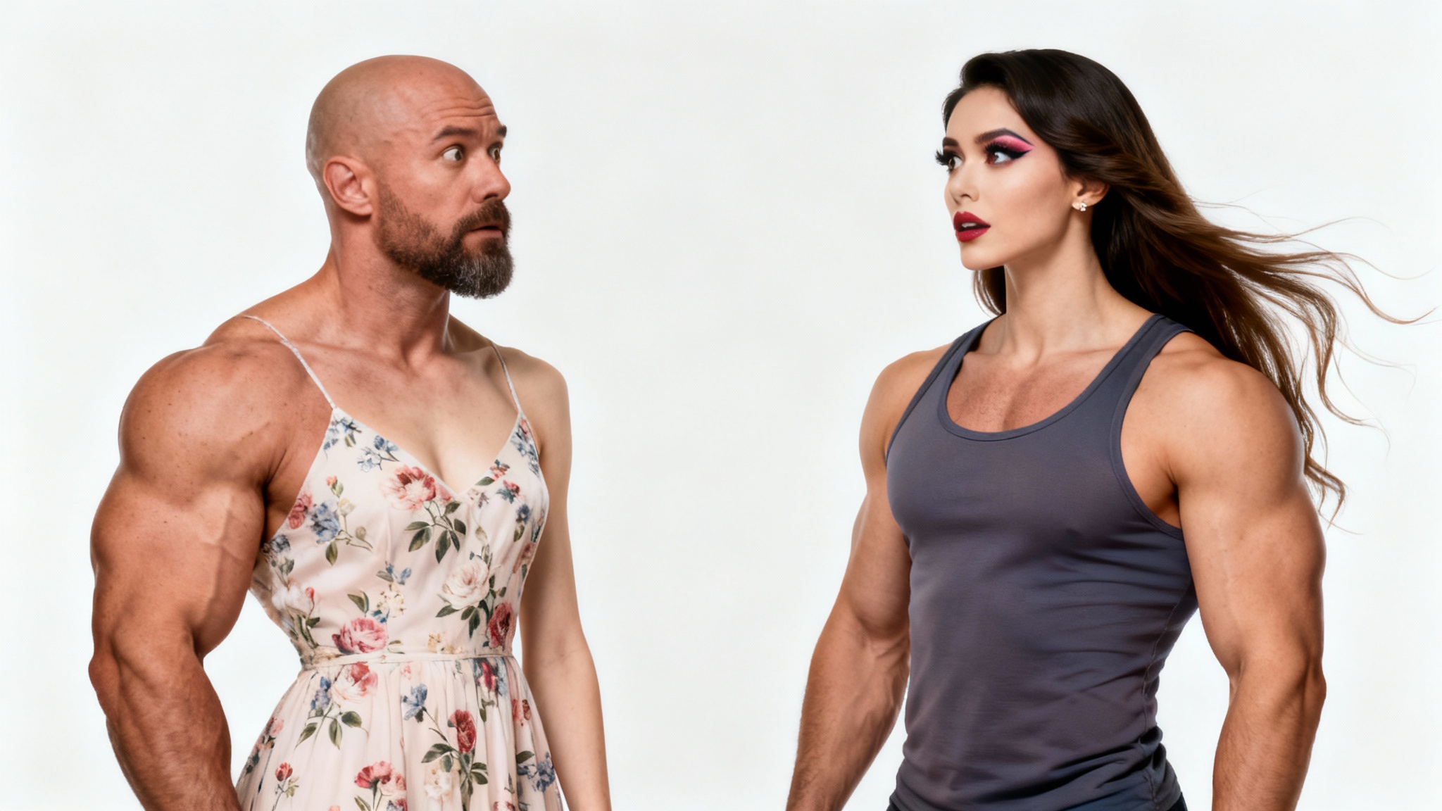 A humorous and surreal photorealistic image depicting a body swap between a man and a woman, both looking confused at their new bodies against a clean white background.