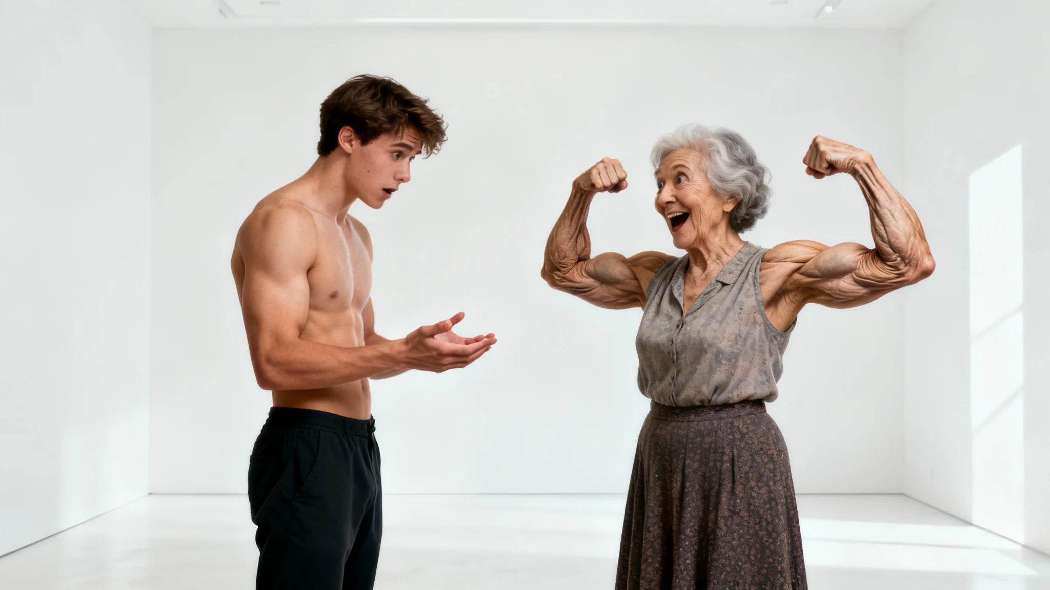 A humorous depiction of a body swap, showing a young man looking confused at his hands while an elderly woman happily flexes his former muscular arms.