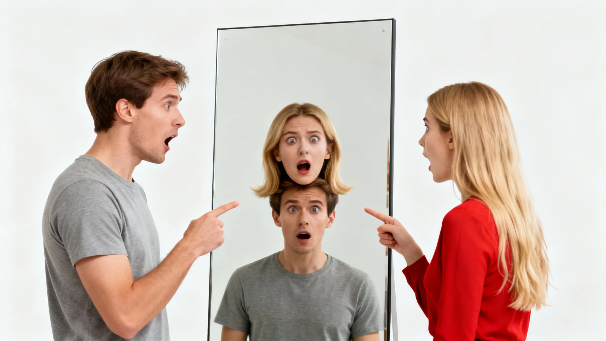 A man and a woman looking into a mirror with shocked expressions, as their reflections show their heads swapped onto each other's bodies, against a plain white background.