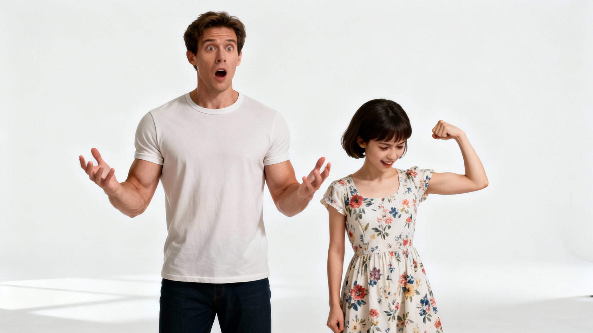 A humorous and photorealistic image of a man and a woman who have swapped bodies, standing against a white background with shocked and amused expressions.