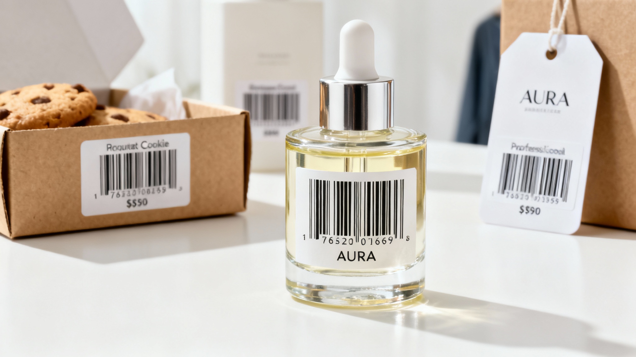 A collection of professionally packaged retail products, including a bottle of oil and a craft box, displayed on a clean white surface. The focus is on a crisp, clear barcode label attached to one of the products.