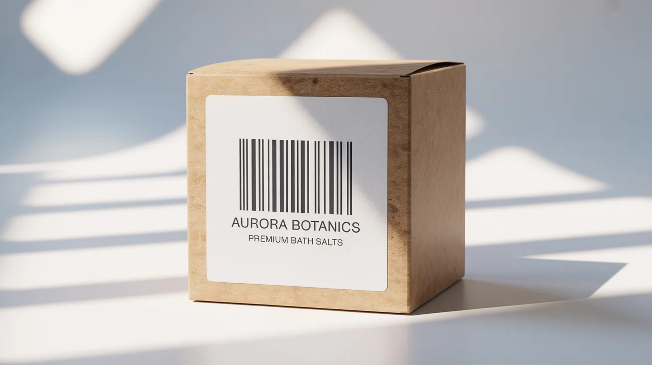 A close-up of a professionally designed barcode label for 'AURORA BOTANICS' bath salts, shown on a kraft paper box against a solid white background.