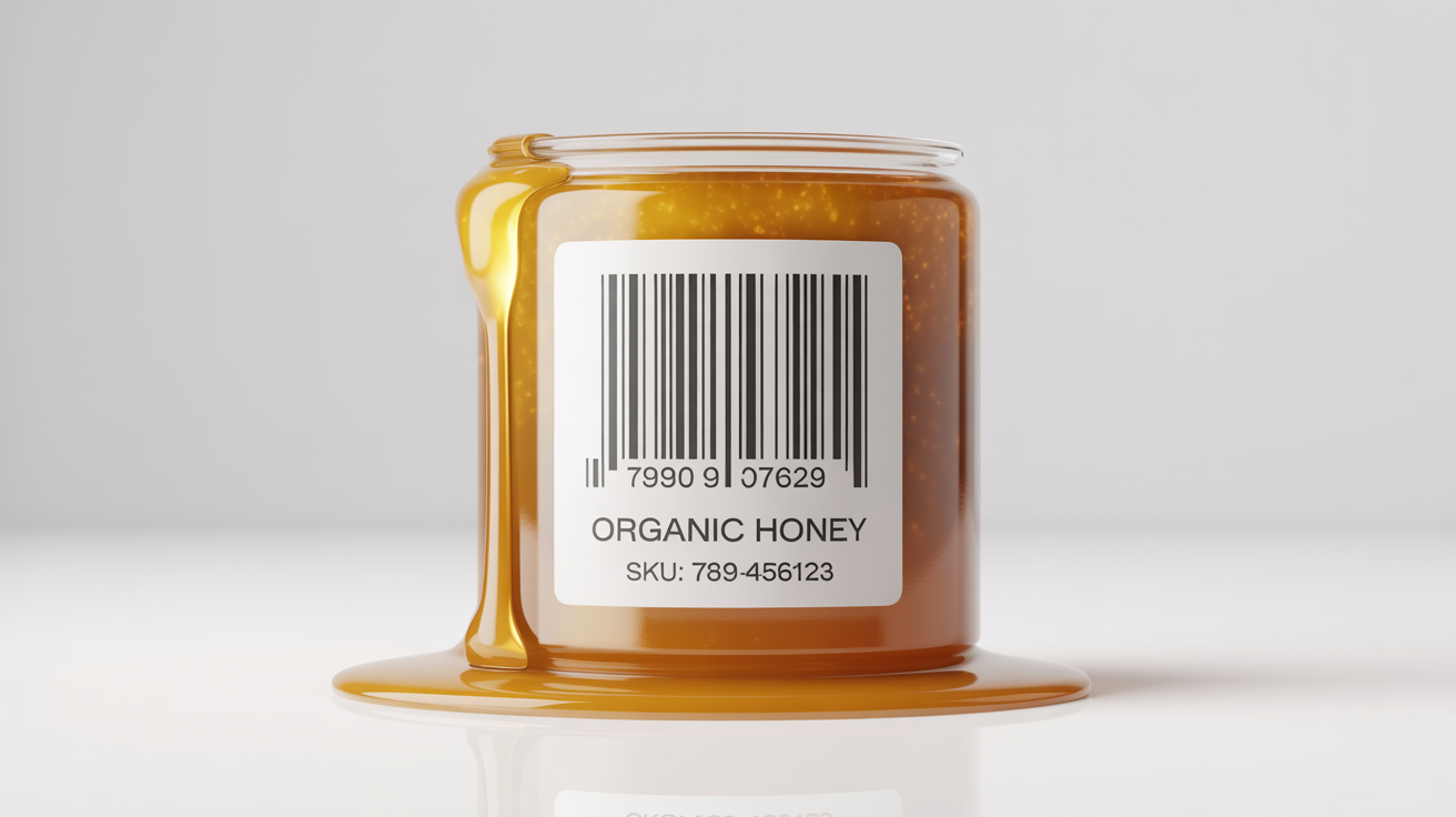 A close-up, high-detail photograph of a professional barcode label for 'ORGANIC HONEY' applied to a minimalist glass jar, against a clean white background.