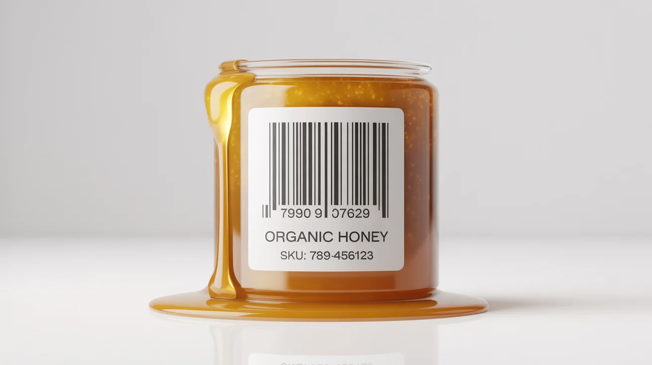 A close-up, high-detail photograph of a professional barcode label for 'ORGANIC HONEY' applied to a minimalist glass jar, against a clean white background.