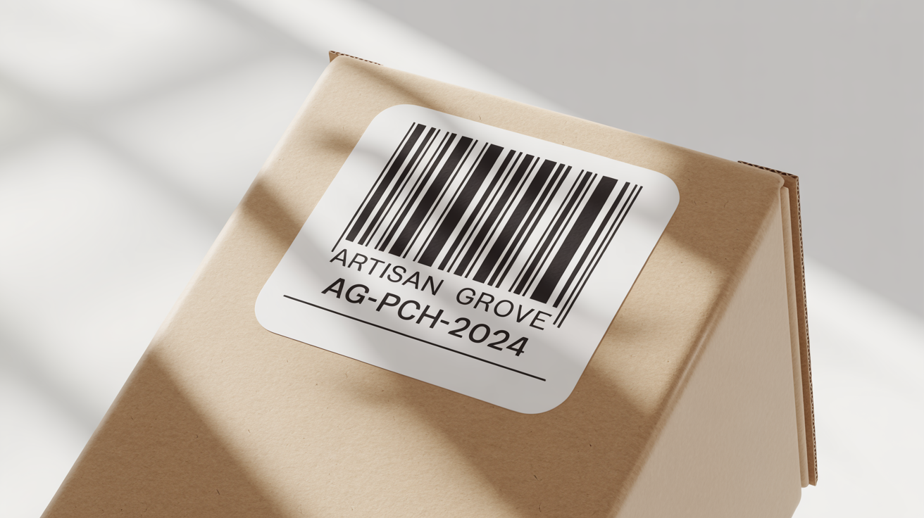 A close-up, professional mockup of a white barcode label with the text 'Artisan Grove' on a cardboard package, set against a plain white background.