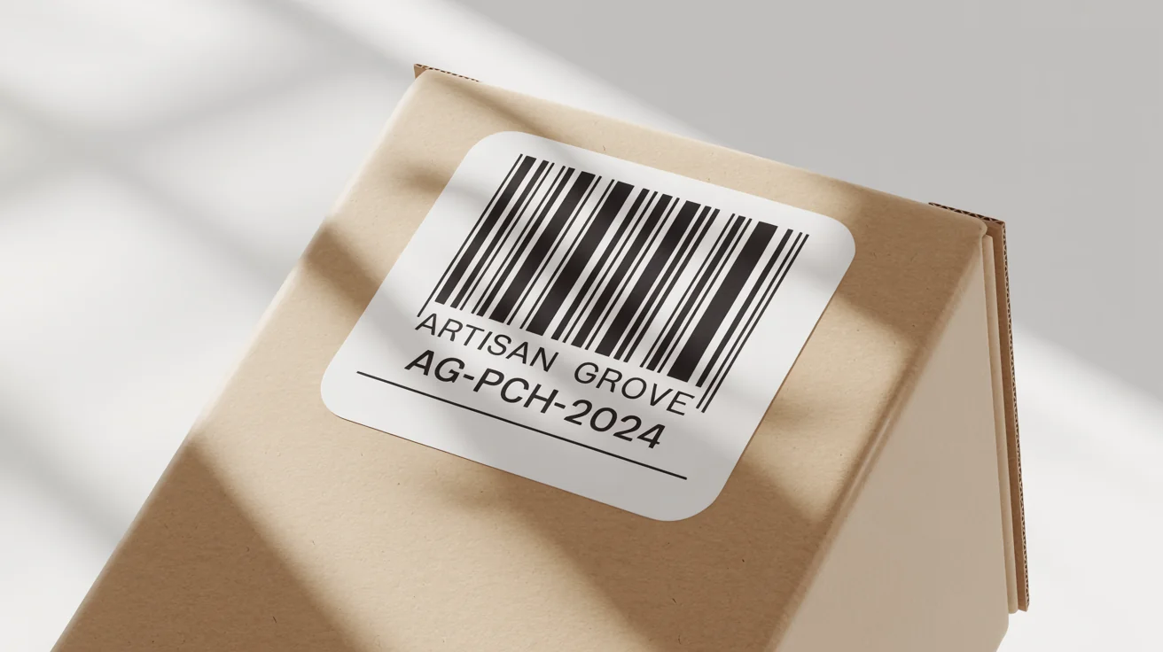 A close-up, professional mockup of a white barcode label with the text 'Artisan Grove' on a cardboard package, set against a plain white background.