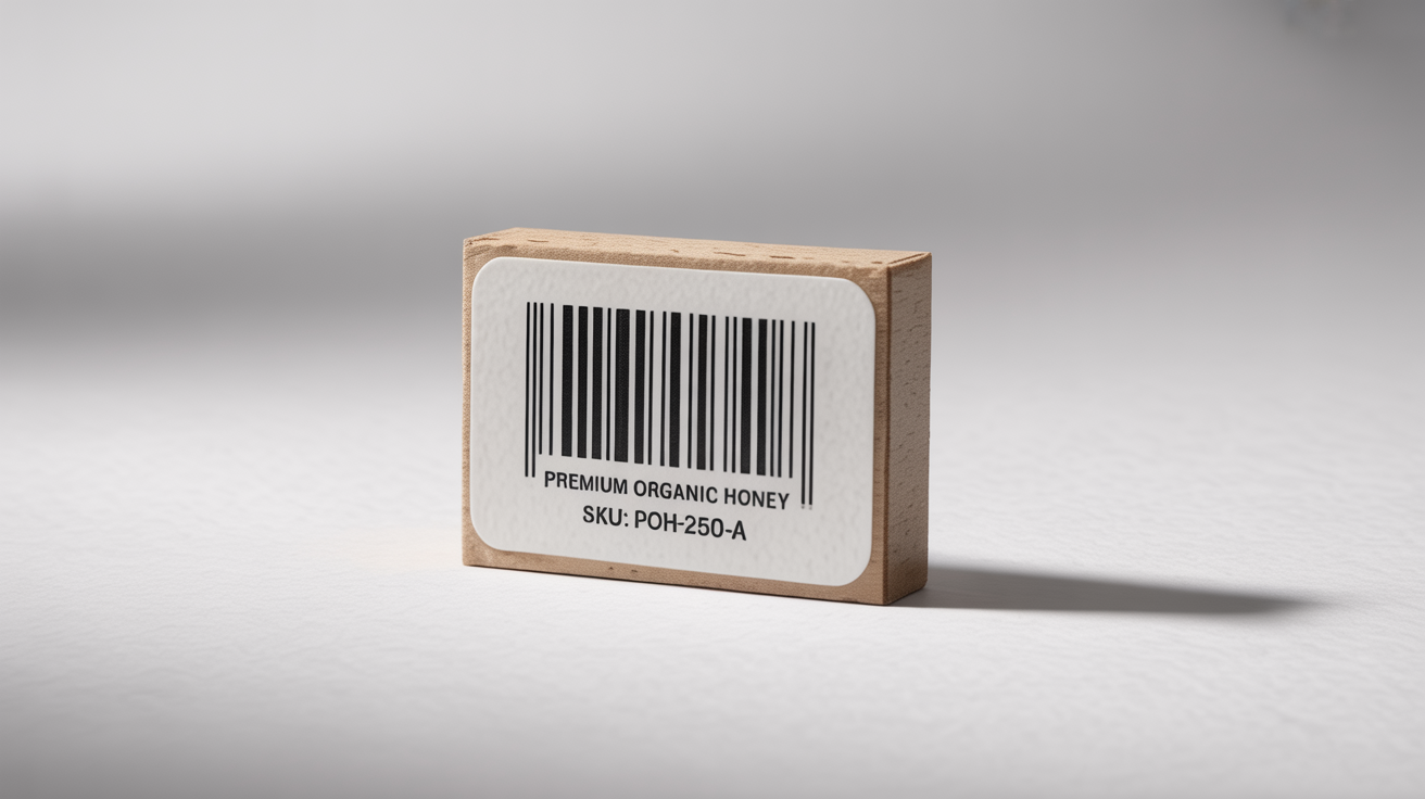 A photorealistic mockup of a white barcode label for a premium honey product, shown against a clean white background.