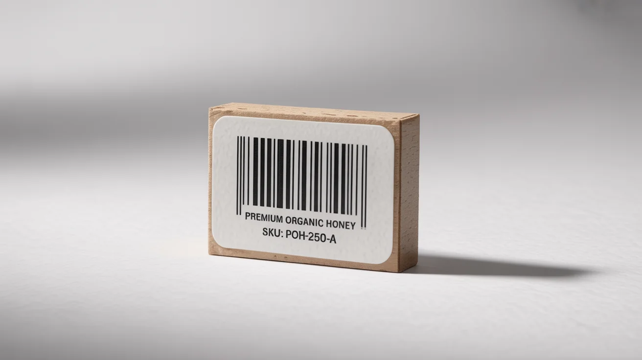 A photorealistic mockup of a white barcode label for a premium honey product, shown against a clean white background.