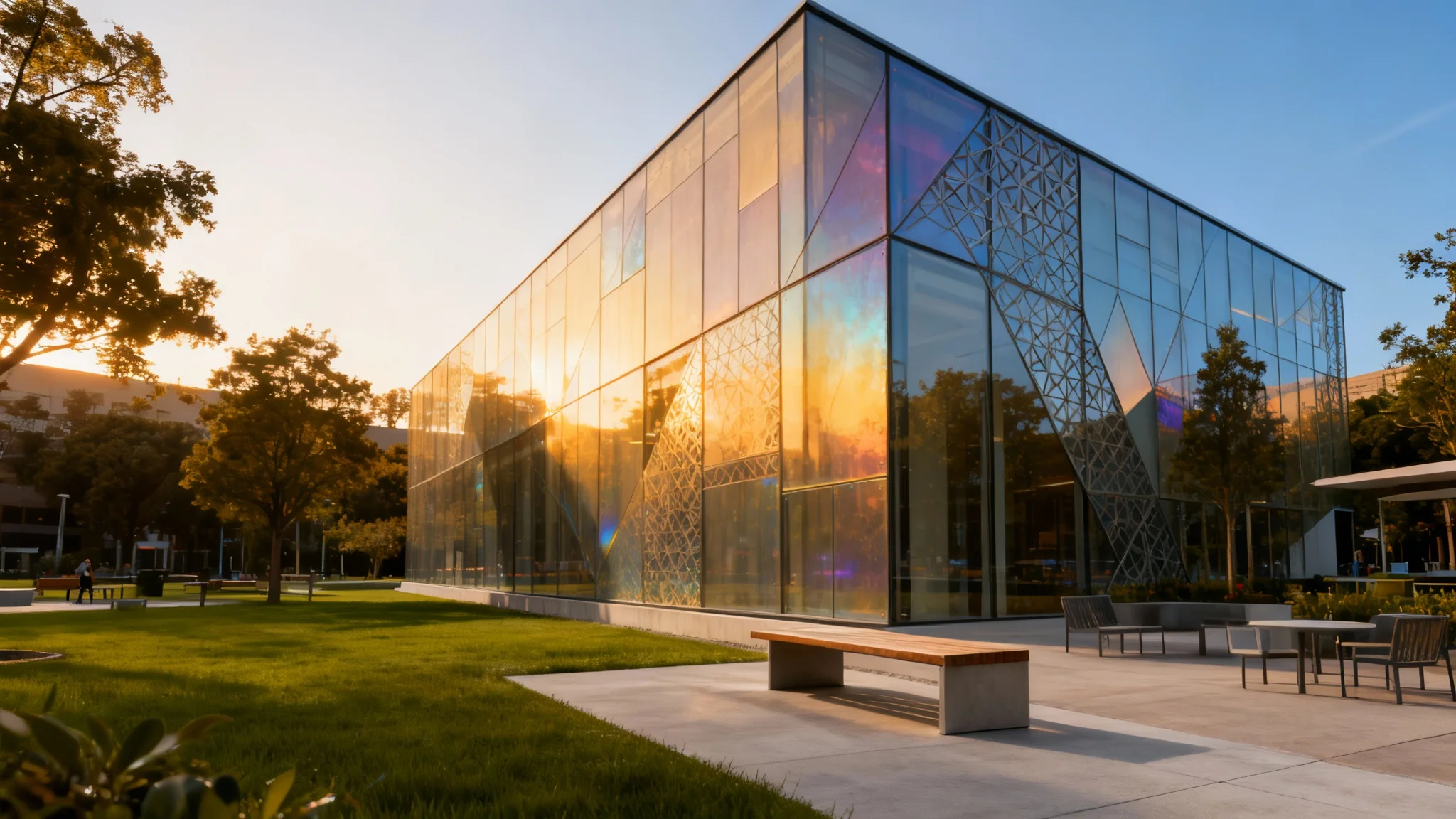 A photograph of a modern building's finished facade design, featuring a color-shifting, reflective surface with intricate patterns, set in a green park at sunset.