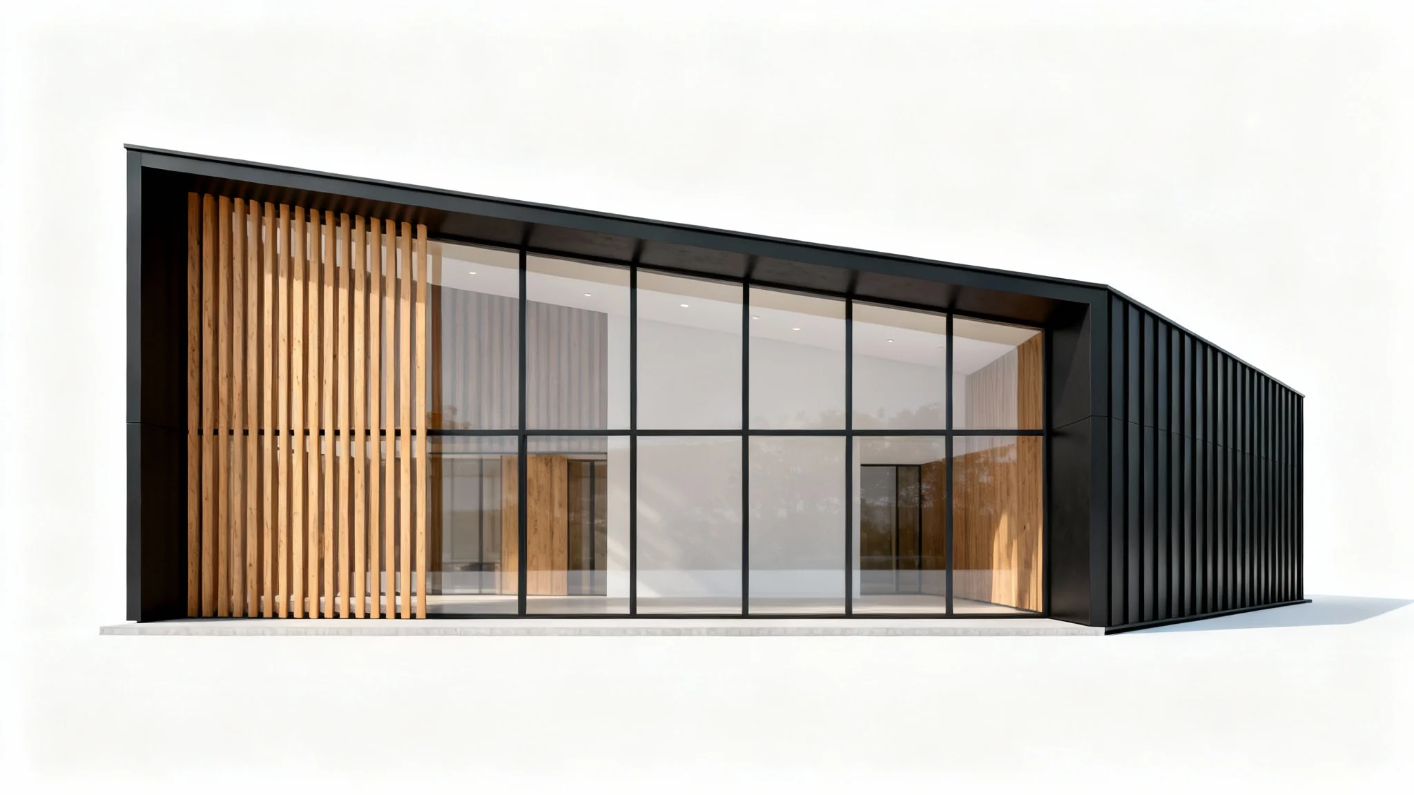 A professional architectural rendering of a modern building facade, showcasing a mix of glass, wood, and metal against a clean white background.