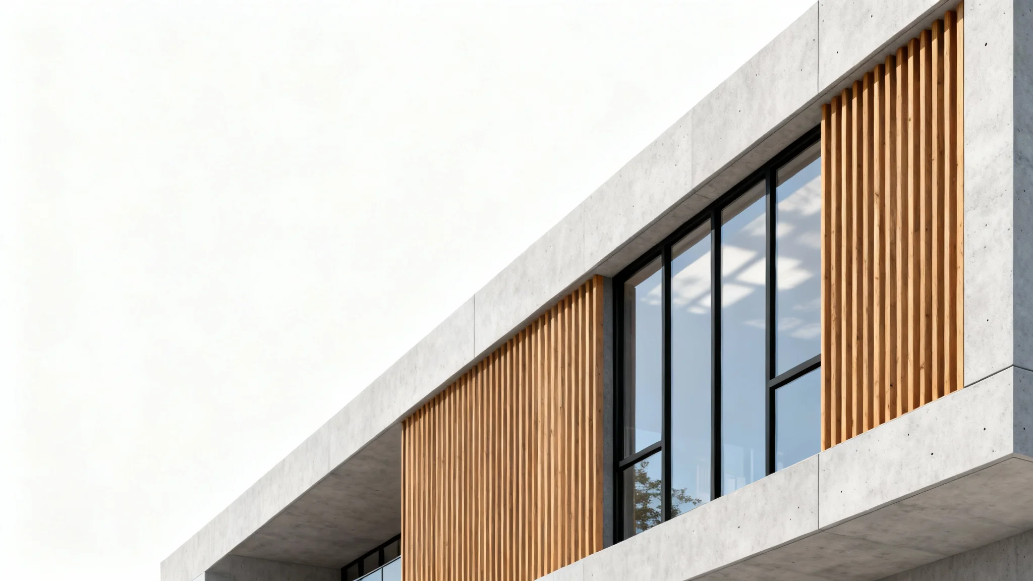 A photorealistic rendering of a modern building's facade, featuring a mix of concrete, wood, and glass, on a clean white background.