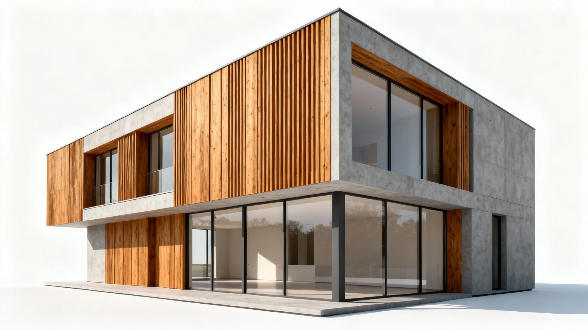 A photorealistic mockup of a modern house facade, showcasing a design with wood, concrete, and glass elements, presented against a clean white background.