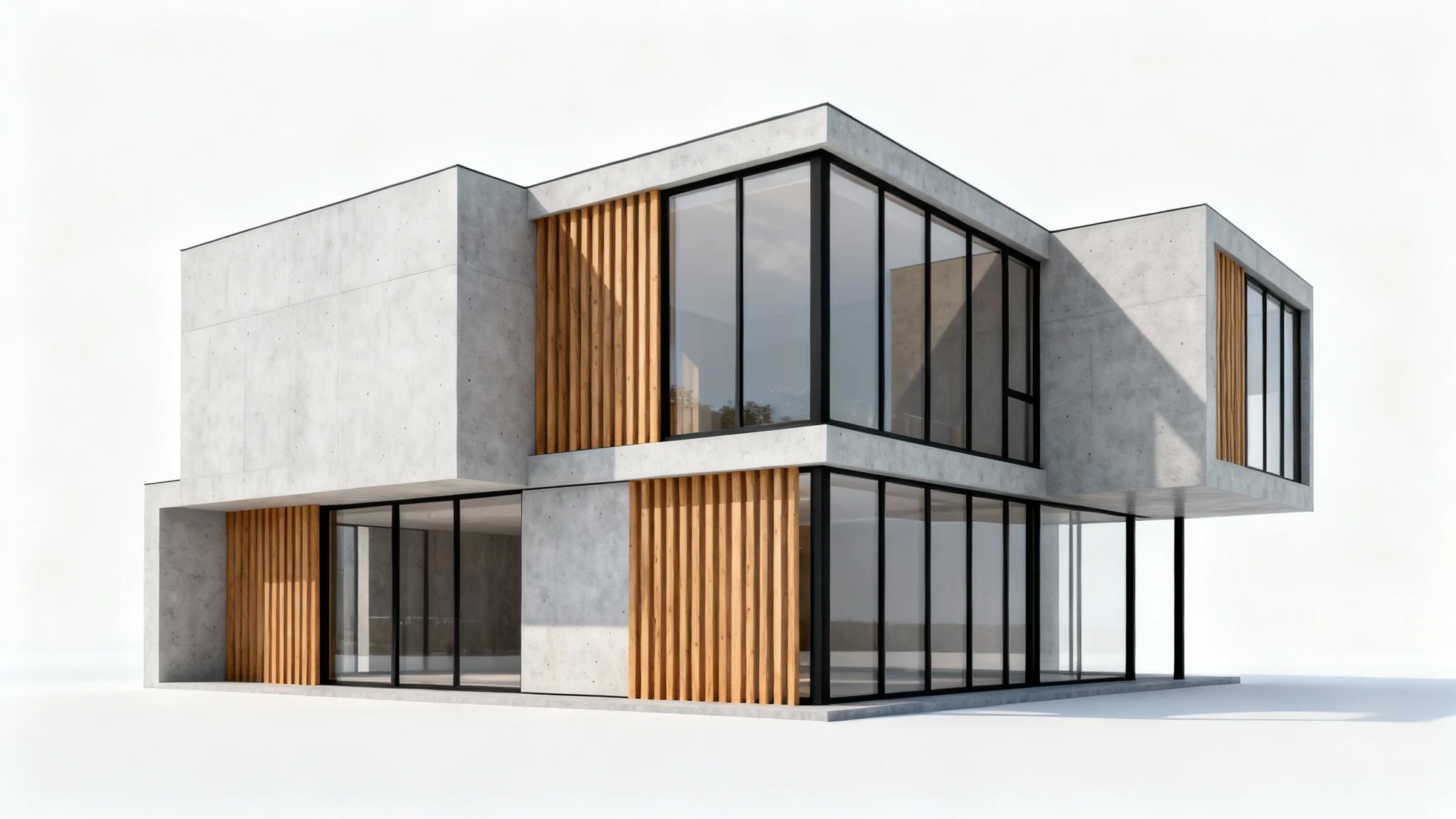 A photorealistic mockup of a modern building's facade, featuring a clean design with glass, concrete, and wood panels, presented against a plain white background.
