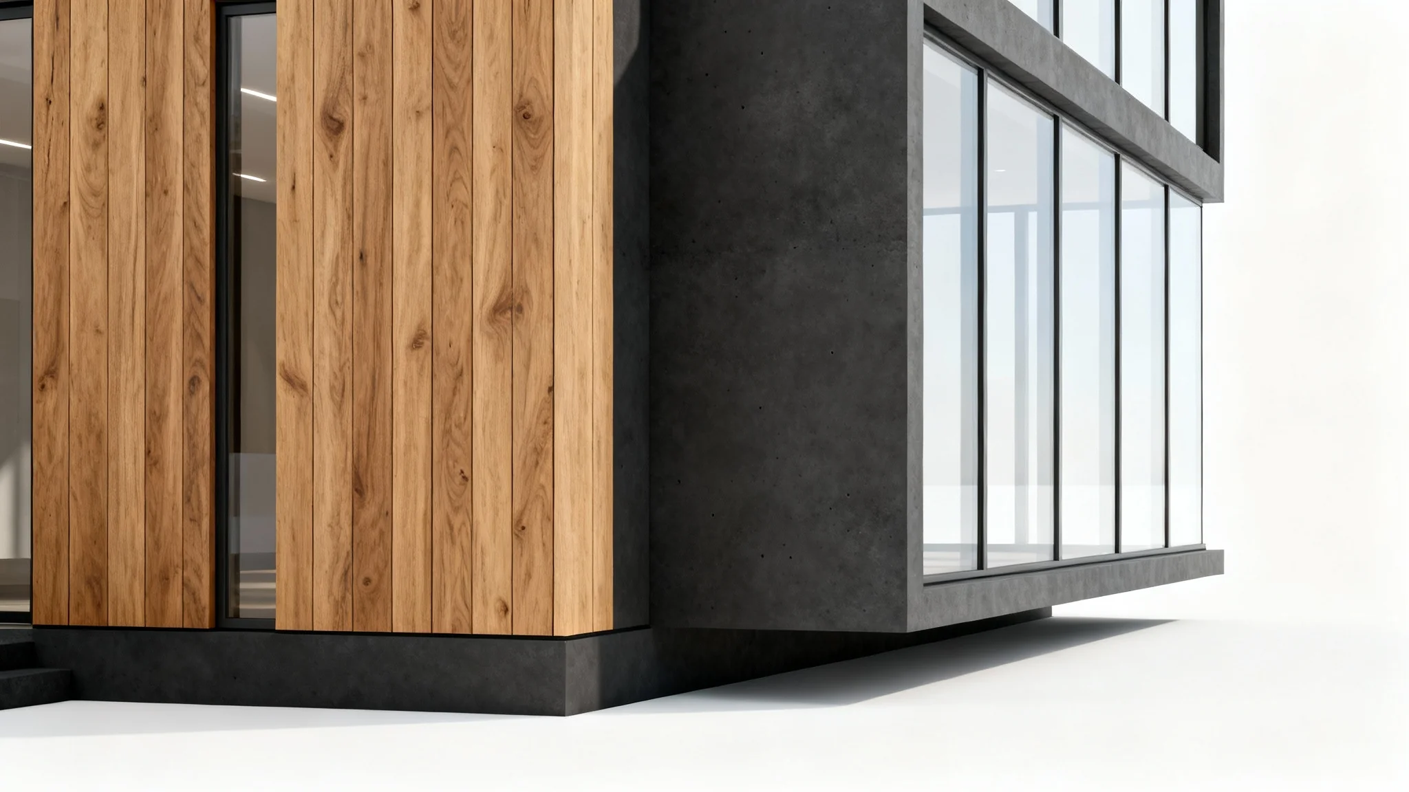 A photorealistic mockup of a modern building facade design, showcasing a blend of wood paneling, dark concrete, and large glass windows on a clean white background.