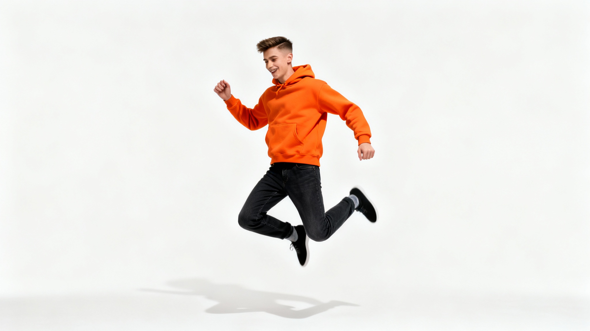 A high-resolution, photorealistic image of a man in an orange hoodie jumping, perfectly cut out from his background and placed on a clean white surface to demonstrate a person cutout feature.