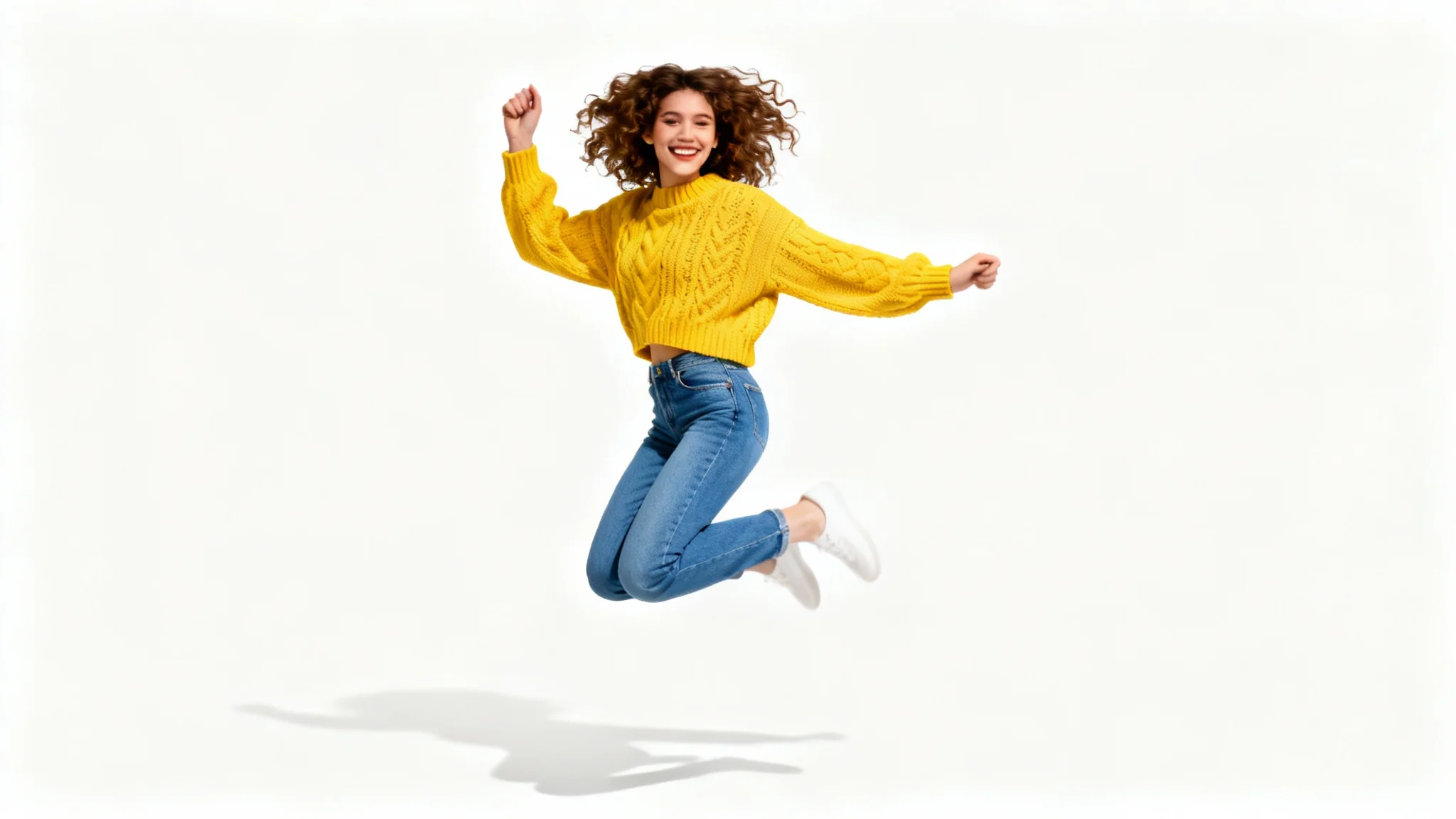 A full-body studio photograph of a joyful young woman with curly hair, jumping in the air against a clean white background, demonstrating a person cutout effect.