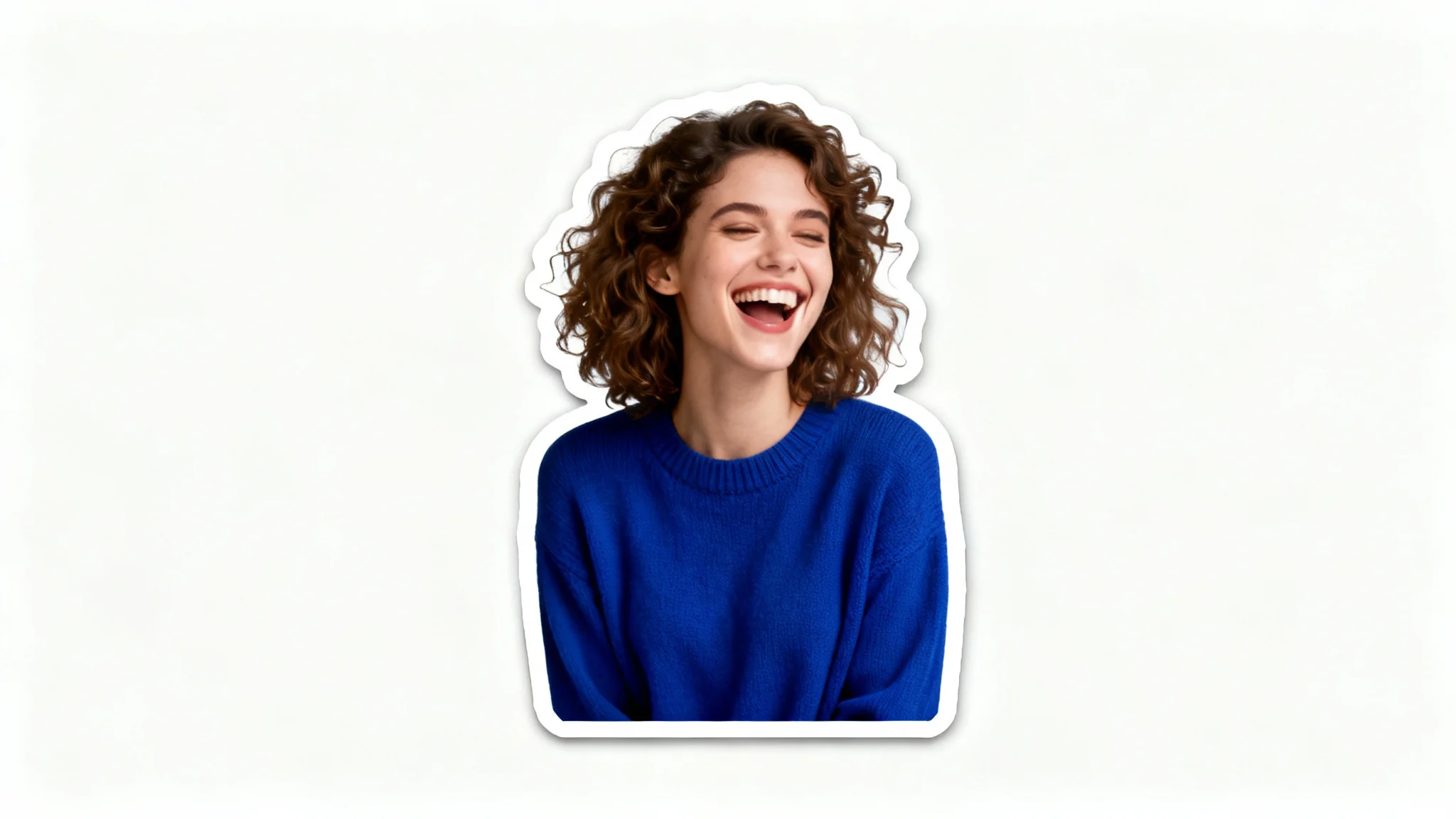 A photorealistic image of a joyful woman in a blue sweater, perfectly cut out from her background with a thin white border, creating a sticker-like effect against a solid white backdrop.