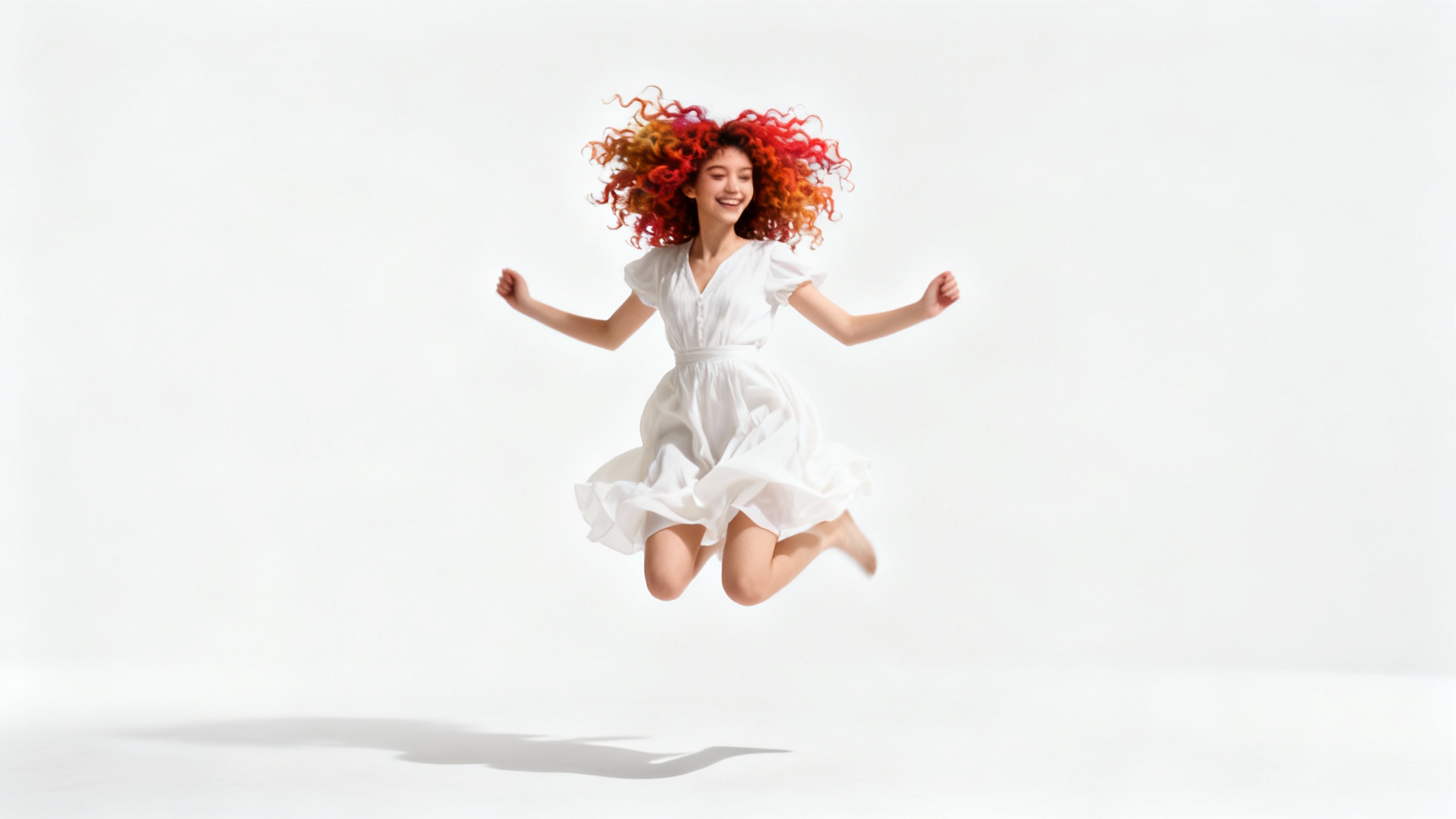 A woman joyfully jumping in mid-air, perfectly cut out from her background and placed against a clean white backdrop, showcasing a flawless person cutout effect.