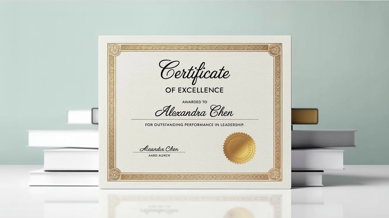 A professionally designed Certificate of Excellence for Alexandra Chen, featuring an ornate gold border, an embossed seal, and elegant typography on high-quality parchment paper.