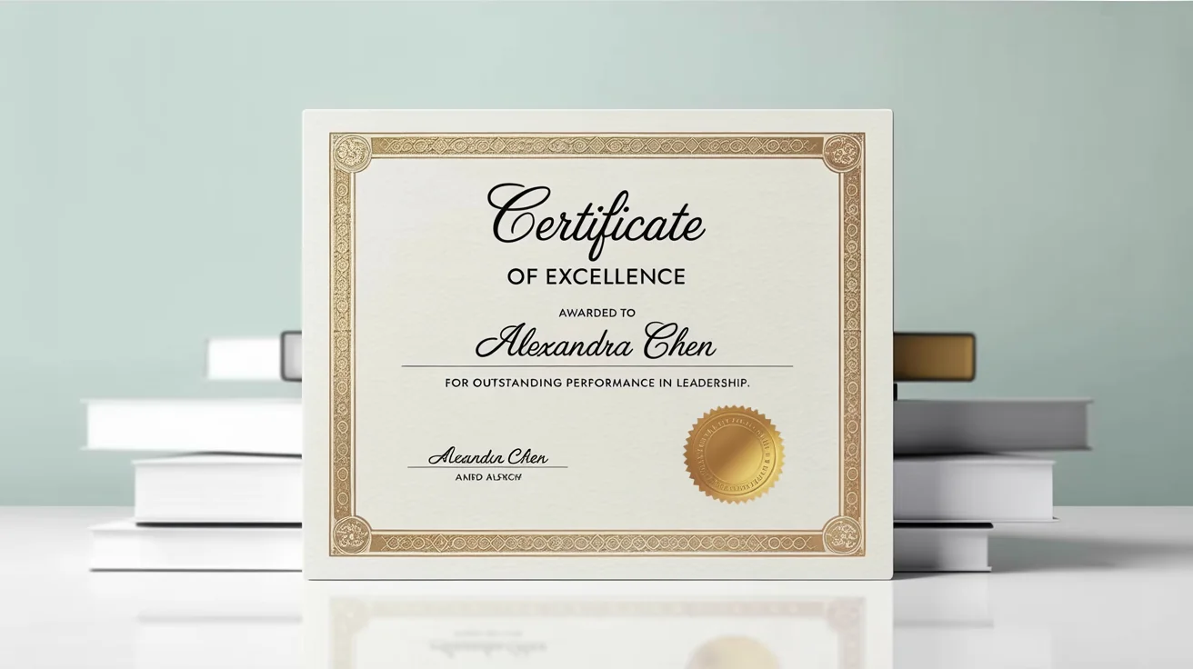 A professionally designed Certificate of Excellence for Alexandra Chen, featuring an ornate gold border, an embossed seal, and elegant typography on high-quality parchment paper.