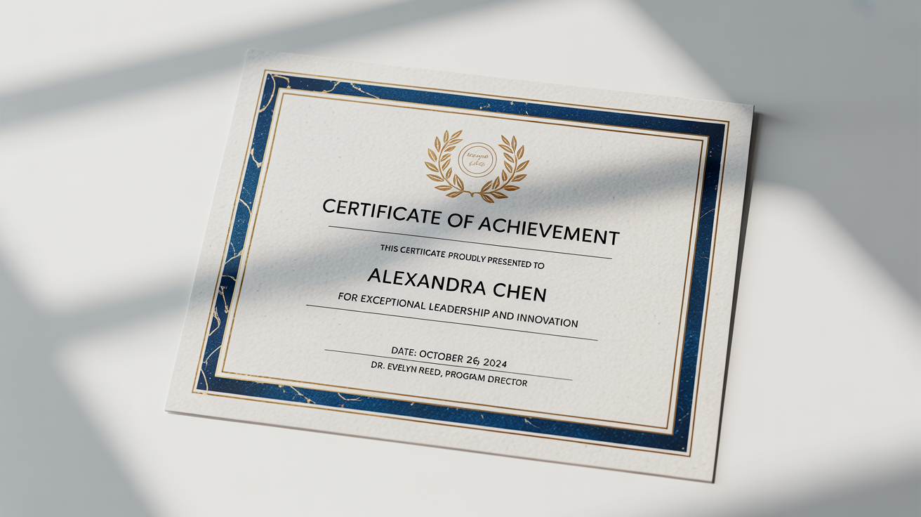 A professional certificate of achievement mockup with elegant navy and gold foil details and customizable text fields, shown on a clean white background.