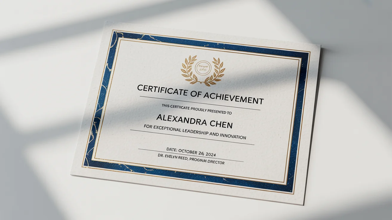 A professional certificate of achievement mockup with elegant navy and gold foil details and customizable text fields, shown on a clean white background.