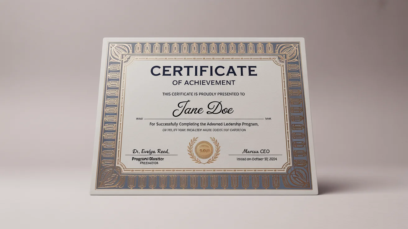 A professional, photorealistic mockup of a Certificate of Achievement awarded to 'Jane Doe', featuring an elegant gold and navy blue border and an embossed gold seal, set against a clean white background.