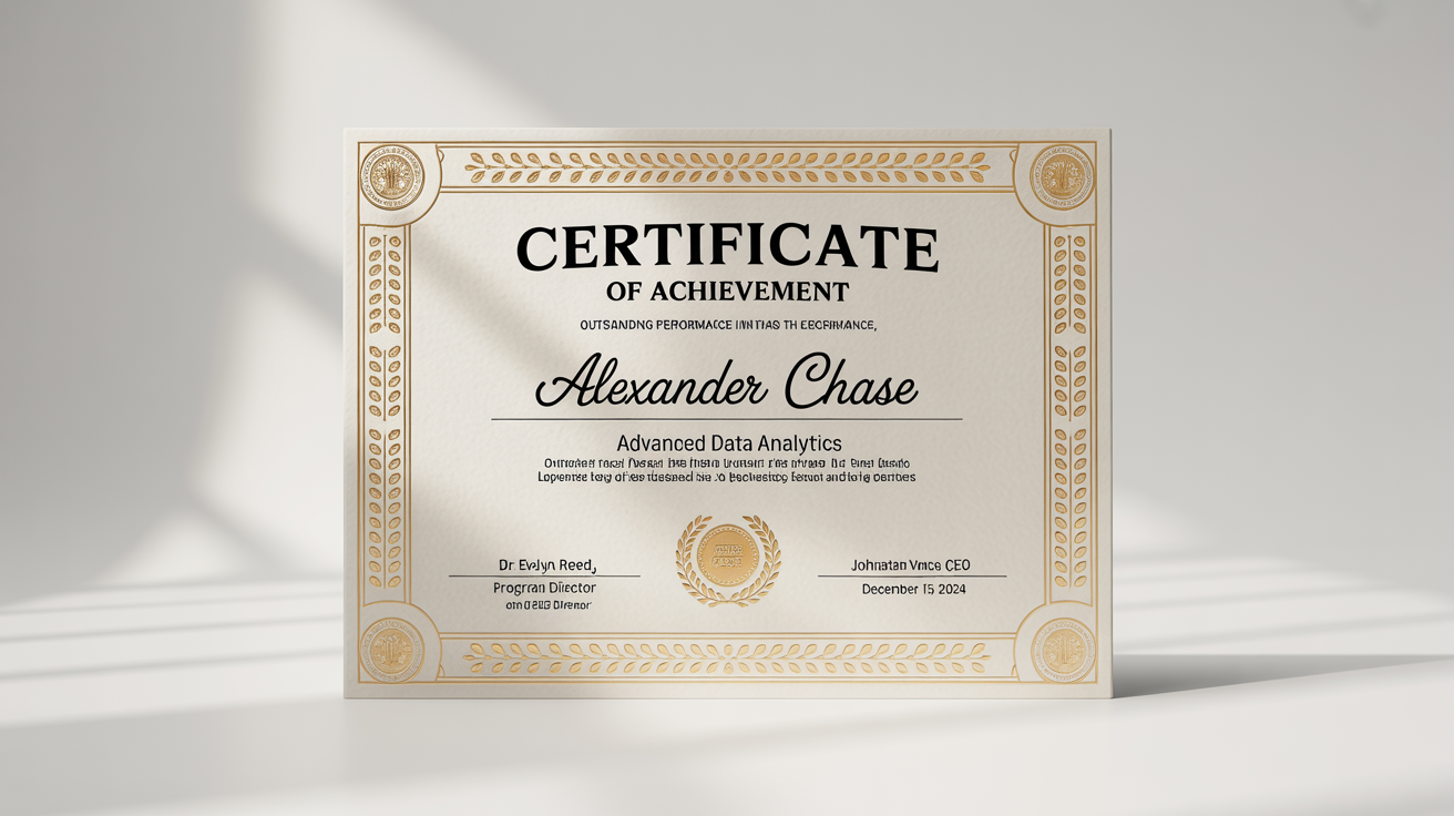 A professionally designed 'Certificate of Achievement' for Alexander Chase, featuring elegant typography, gold foil accents, and an official seal, displayed as a mockup on a clean white background.