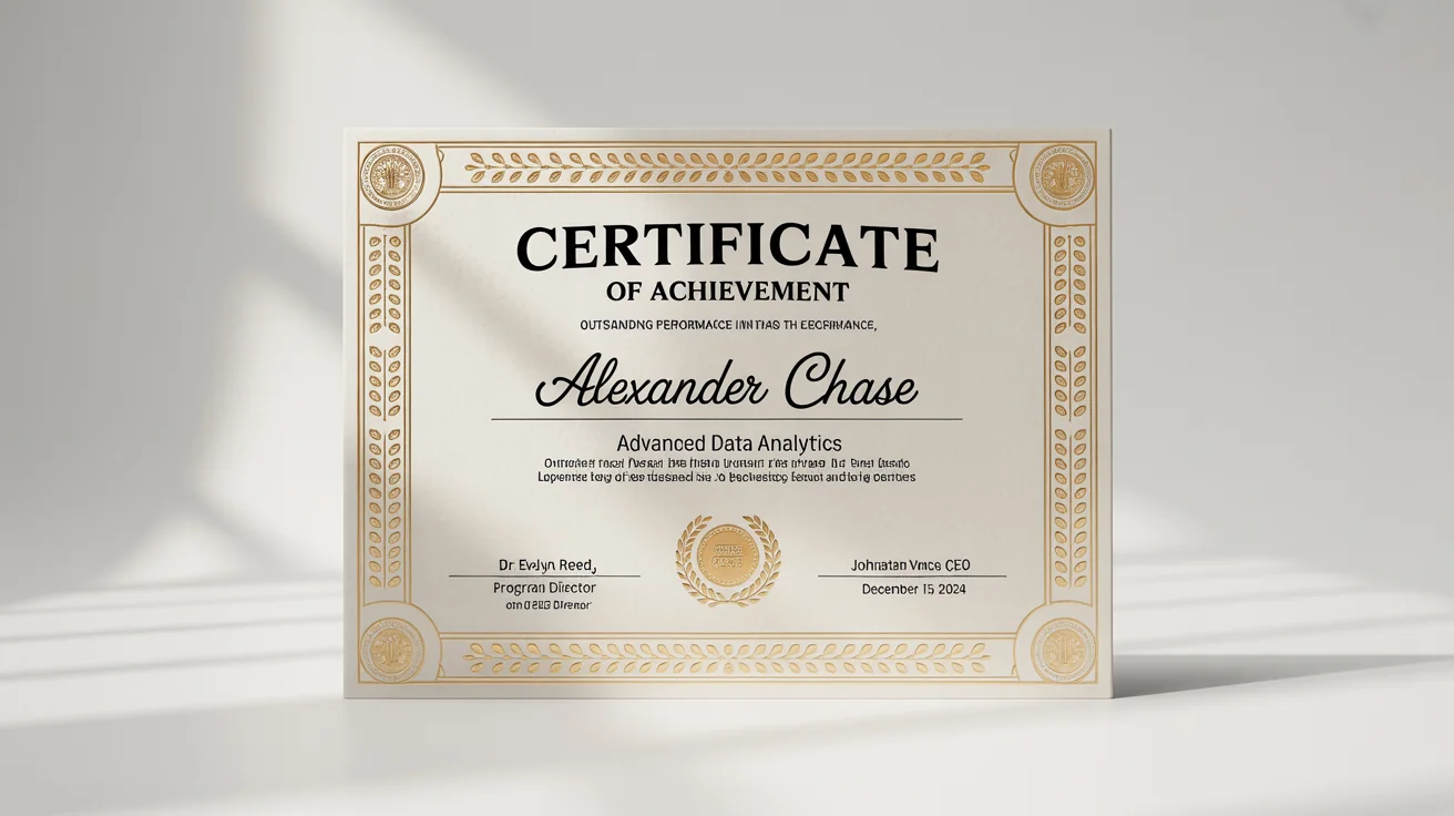 A professionally designed 'Certificate of Achievement' for Alexander Chase, featuring elegant typography, gold foil accents, and an official seal, displayed as a mockup on a clean white background.