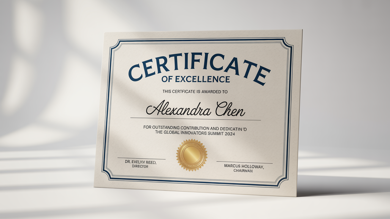 A mockup of a professional Certificate of Excellence awarded to 'Alexandra Chen', featuring an ornate border and a gold foil seal on a clean white background.