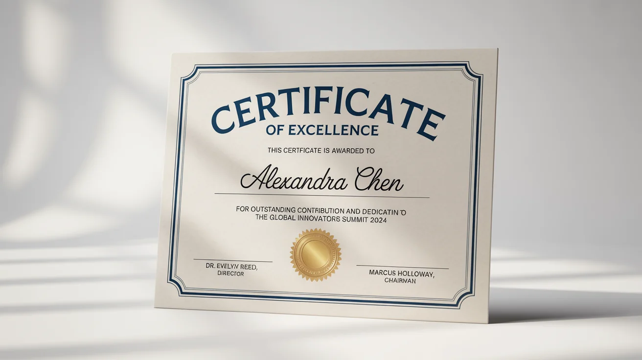 A mockup of a professional Certificate of Excellence awarded to 'Alexandra Chen', featuring an ornate border and a gold foil seal on a clean white background.